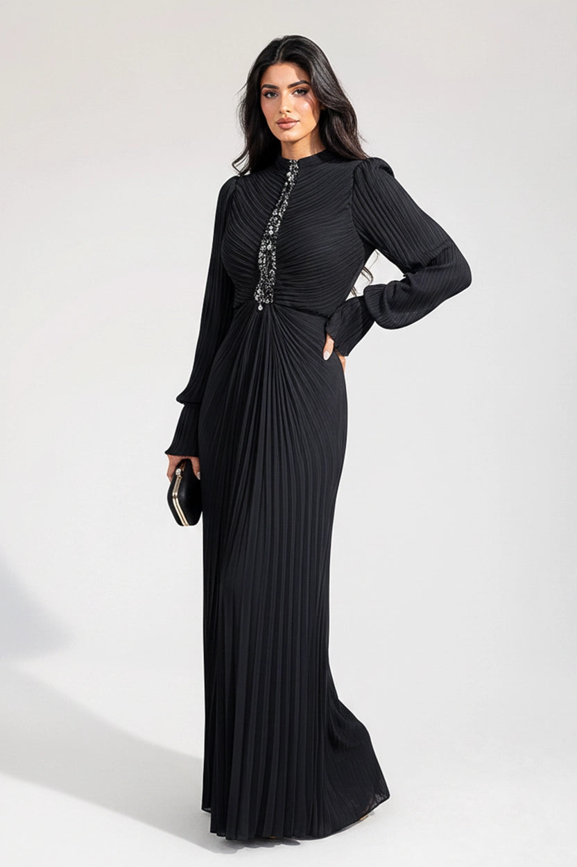 Beaded Bustling Plisse Chiffon Dress