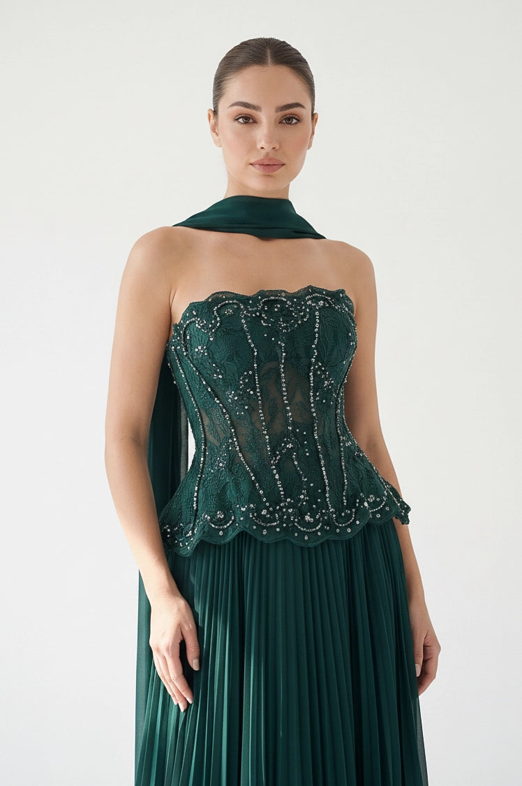Beaded Corset 2PCS Plisse Skirt