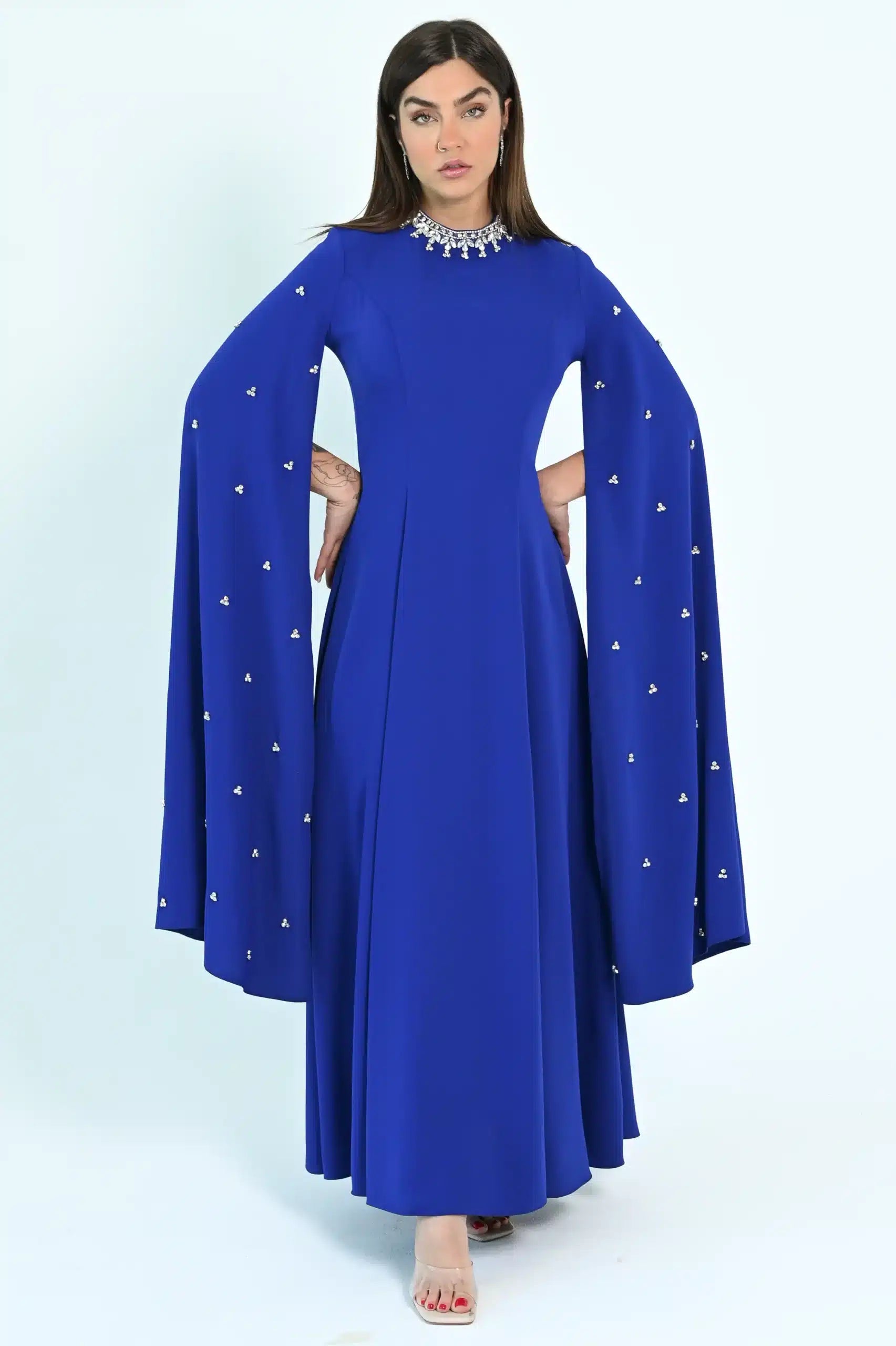 Embellished Neck A-Line Long Sleeves Crepe Dress