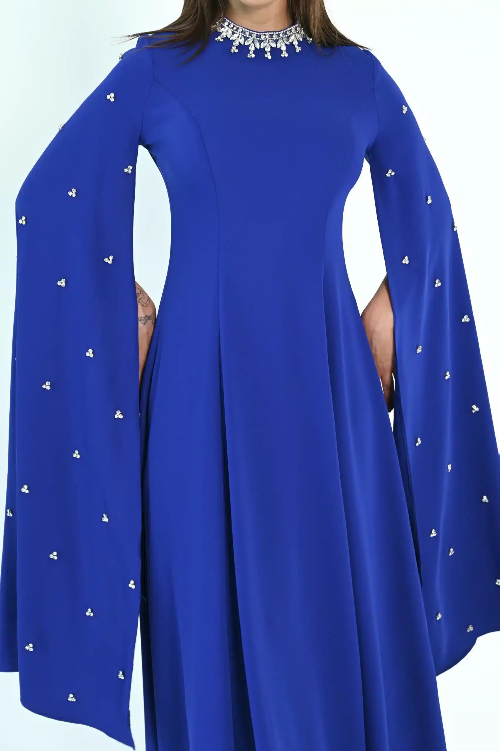 Embellished Neck A-Line Long Sleeves Crepe Dress