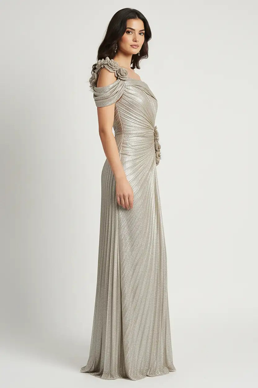 Off-Shoulder Rose Detail Lame Dress