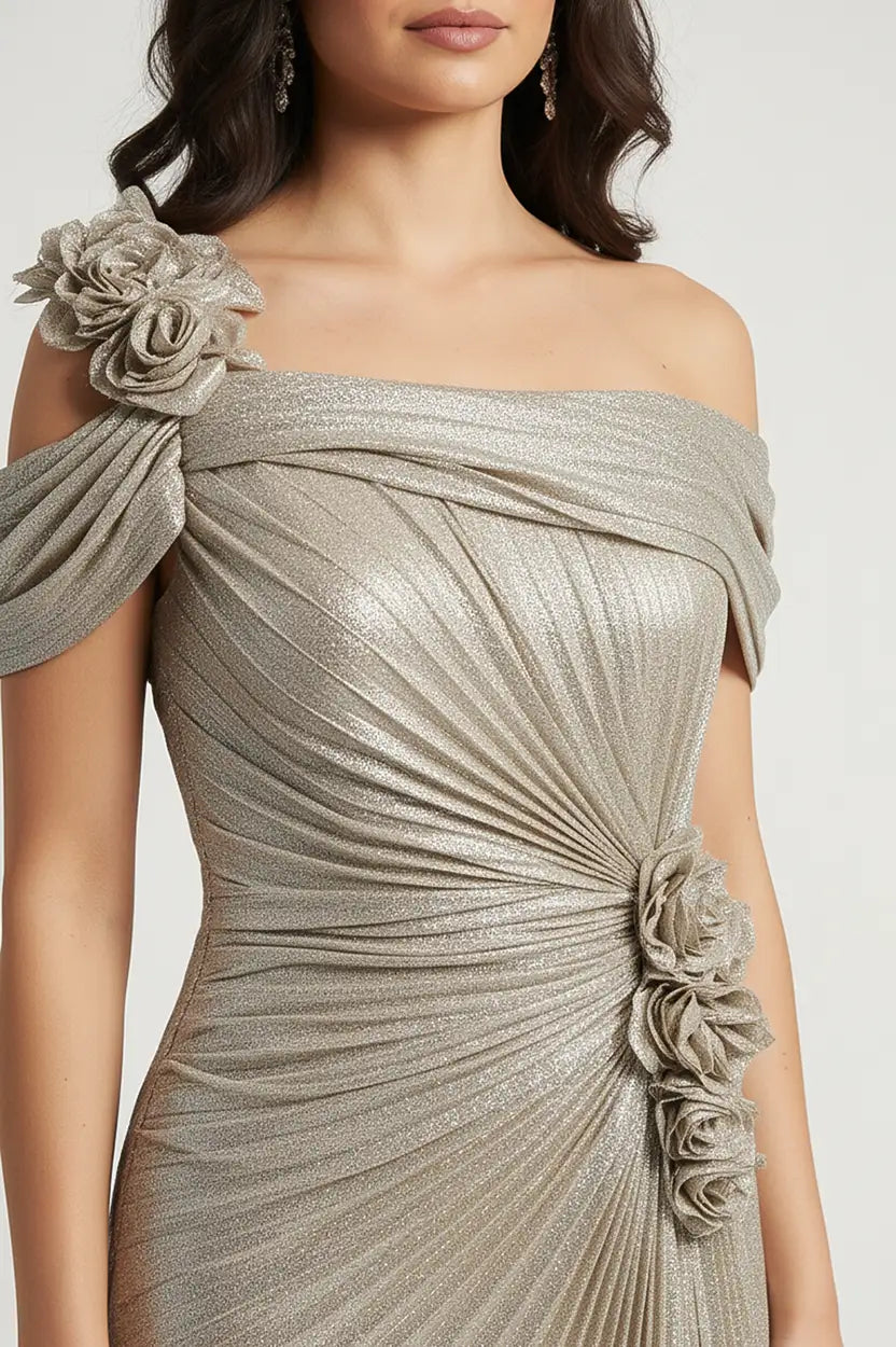 Off-Shoulder Rose Detail Lame Dress
