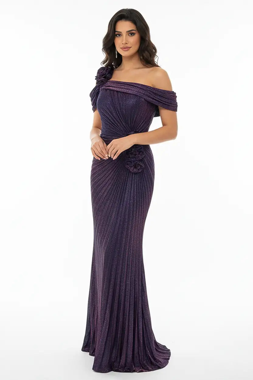 Off-Shoulder Rose Detail Lame Dress