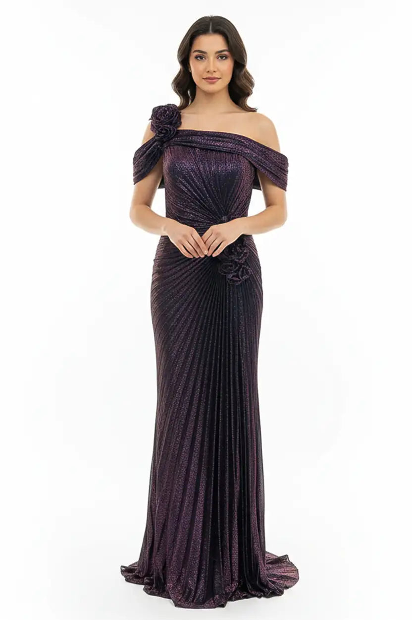 Off-Shoulder Rose Detail Lame Dress