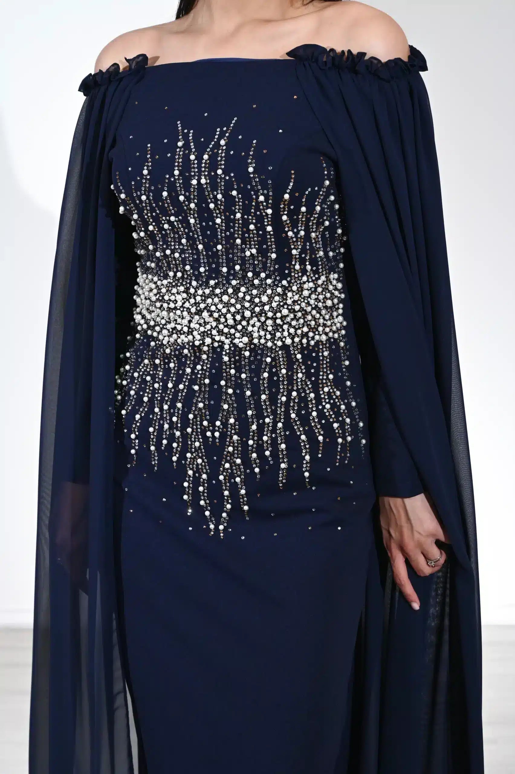 Pearl Detail Off Shoulder Crepe Dress