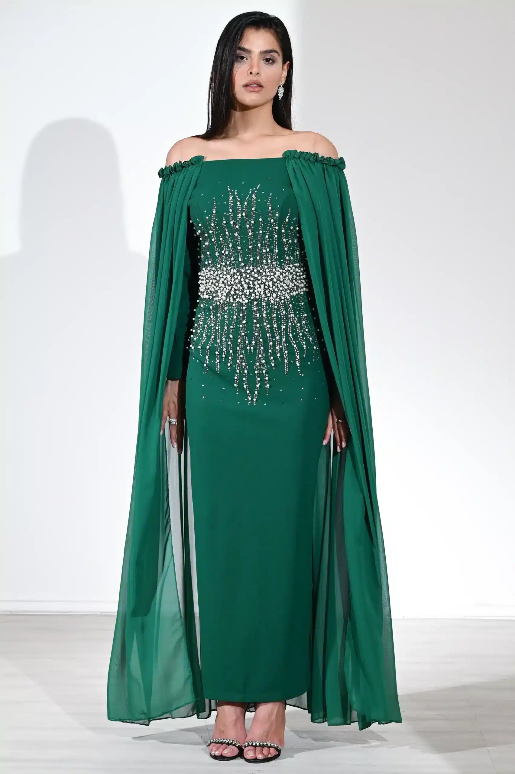 Pearl Detail Off Shoulder Crepe Dress