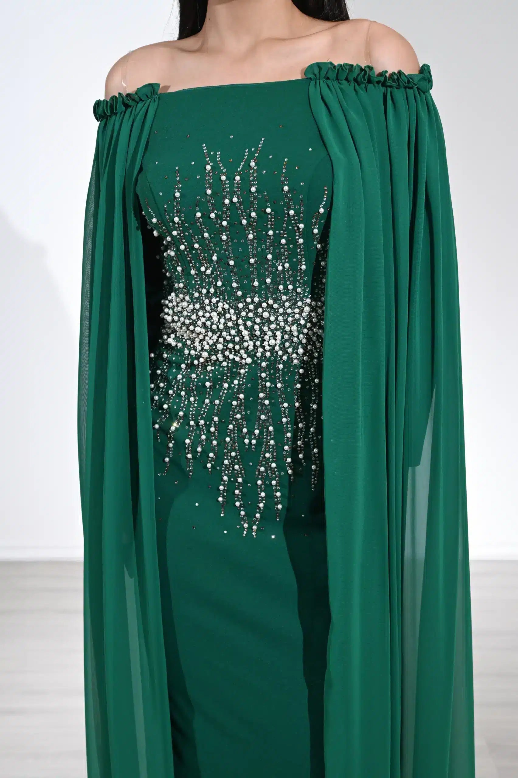 Pearl Detail Off Shoulder Crepe Dress