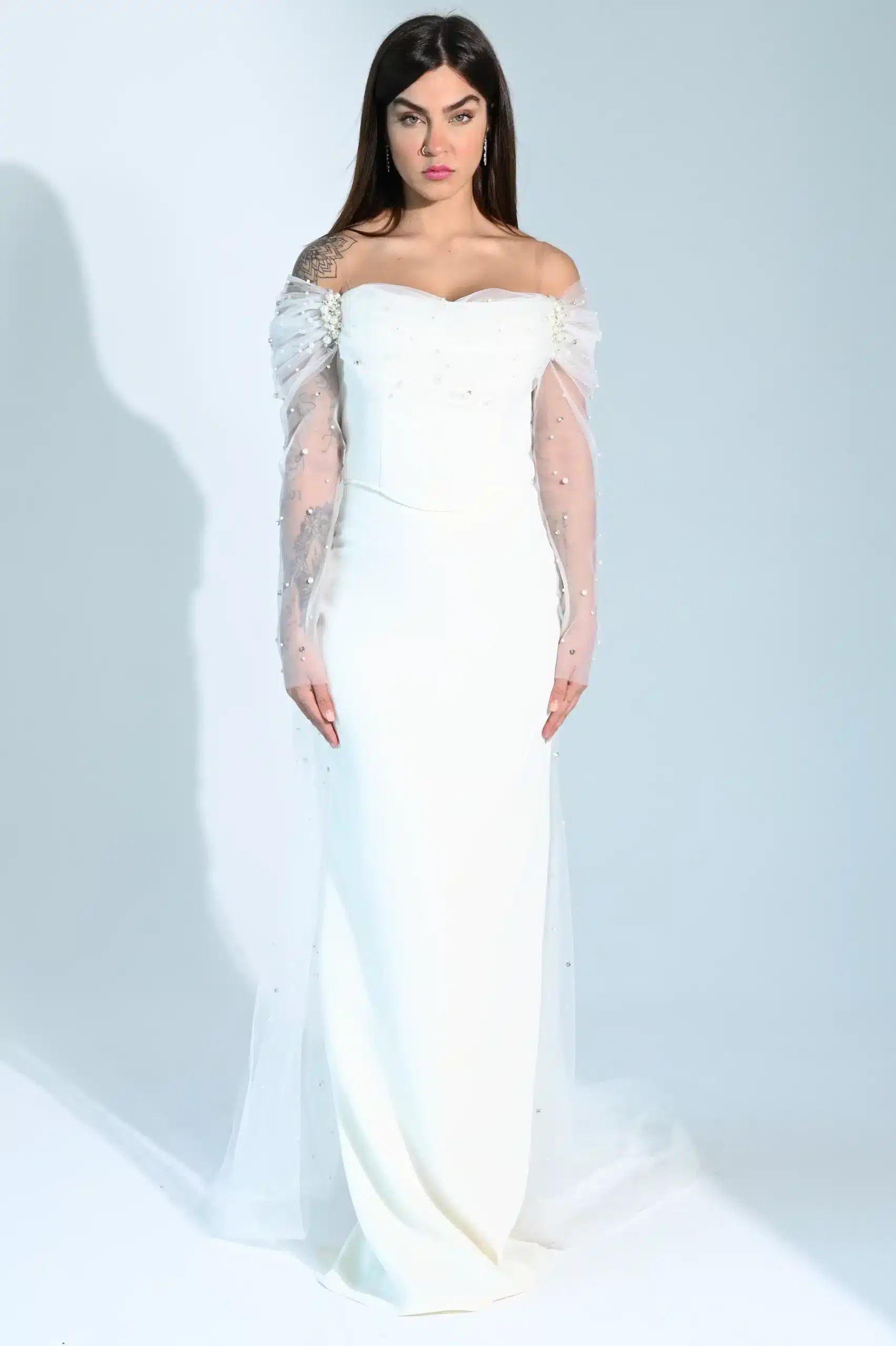 Pearl Shawl Off Shoulder Crepe Dress