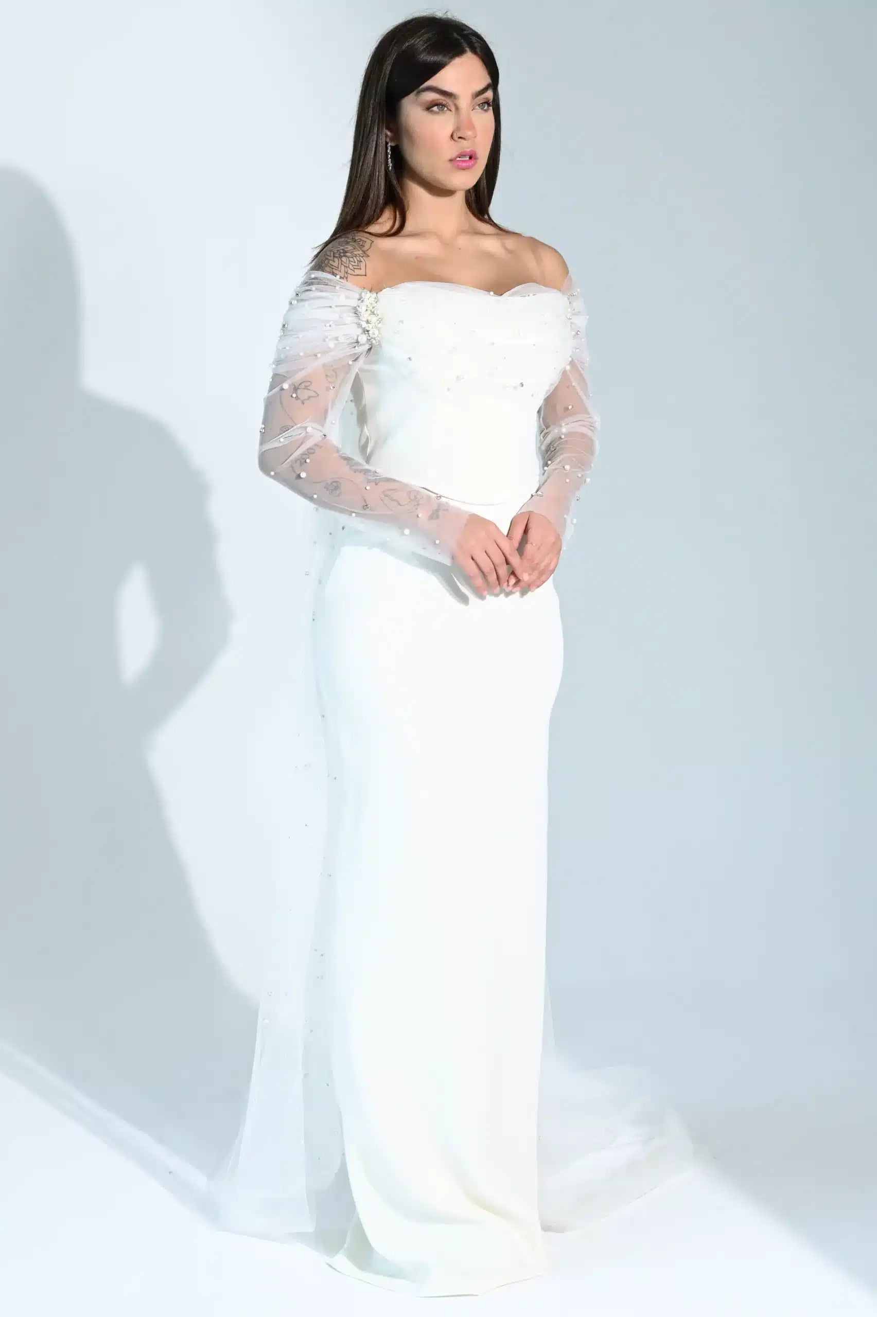 Pearl Shawl Off Shoulder Crepe Dress