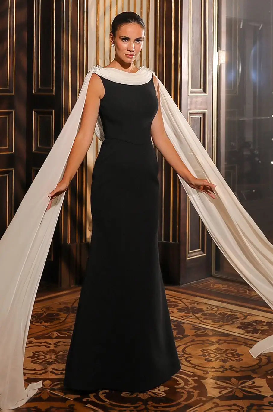 Pearls Shoulder Shawl Crepe Dress