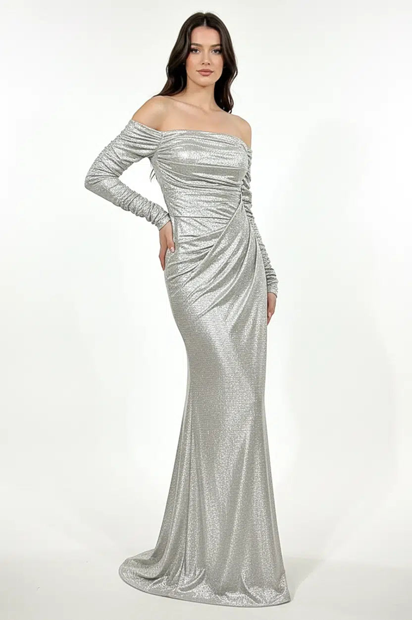 Pleated Off Shoulder Lame Dress