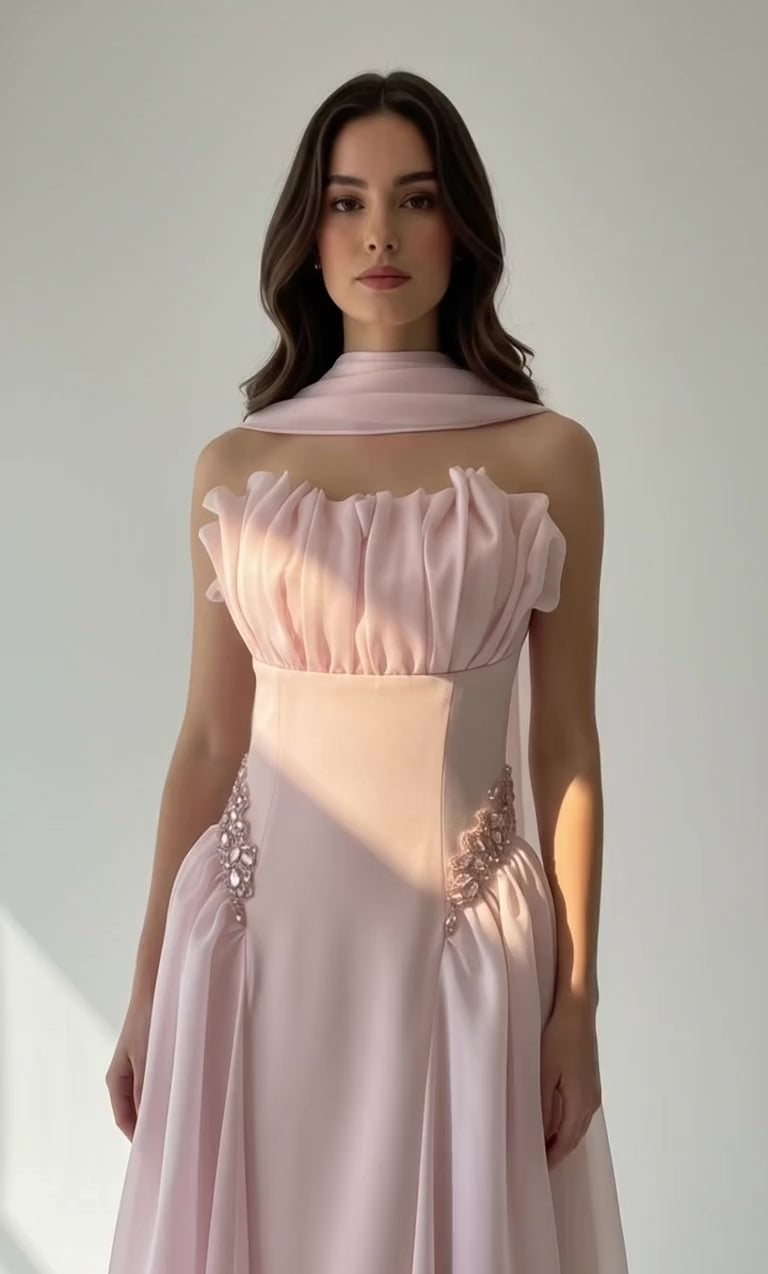 Gathered Bust Beaded Waist Crepe Dress