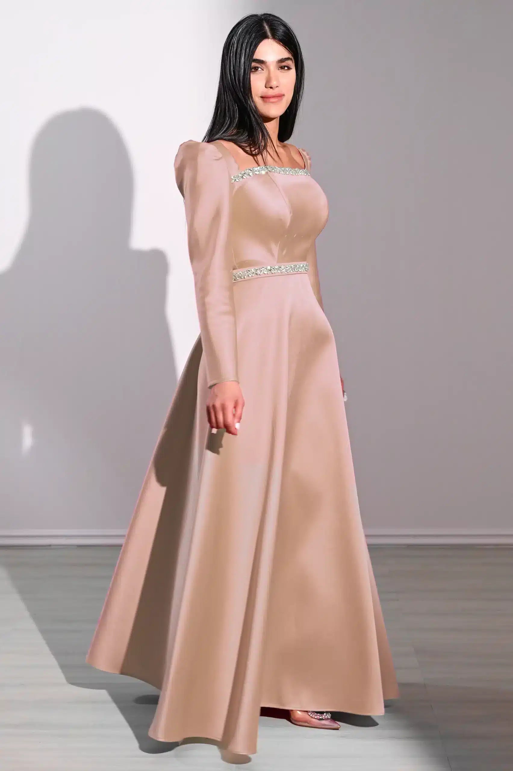 Square Neck Long Sleeves Taffeta Dress