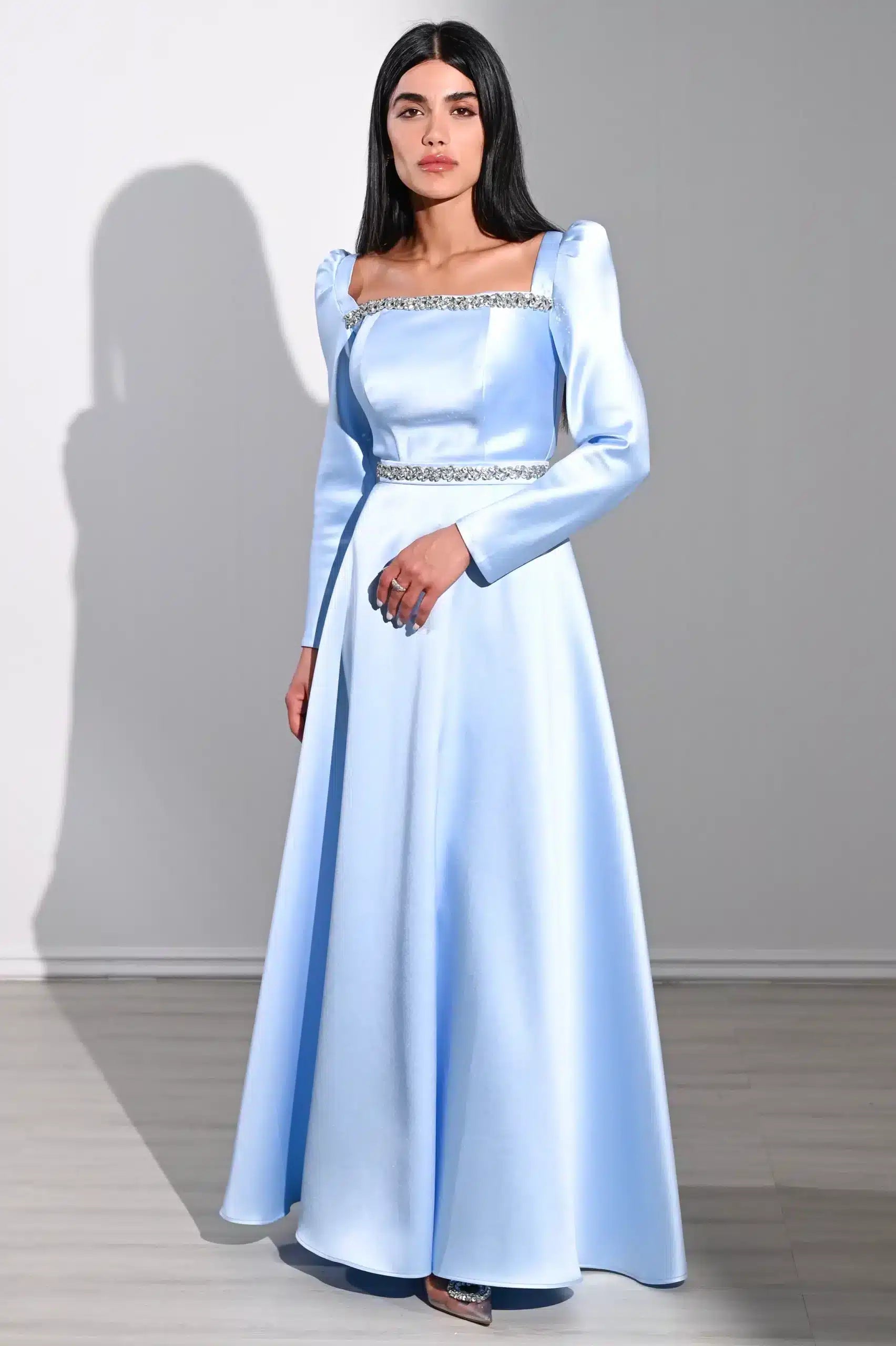 Square Neck Long Sleeves Taffeta Dress