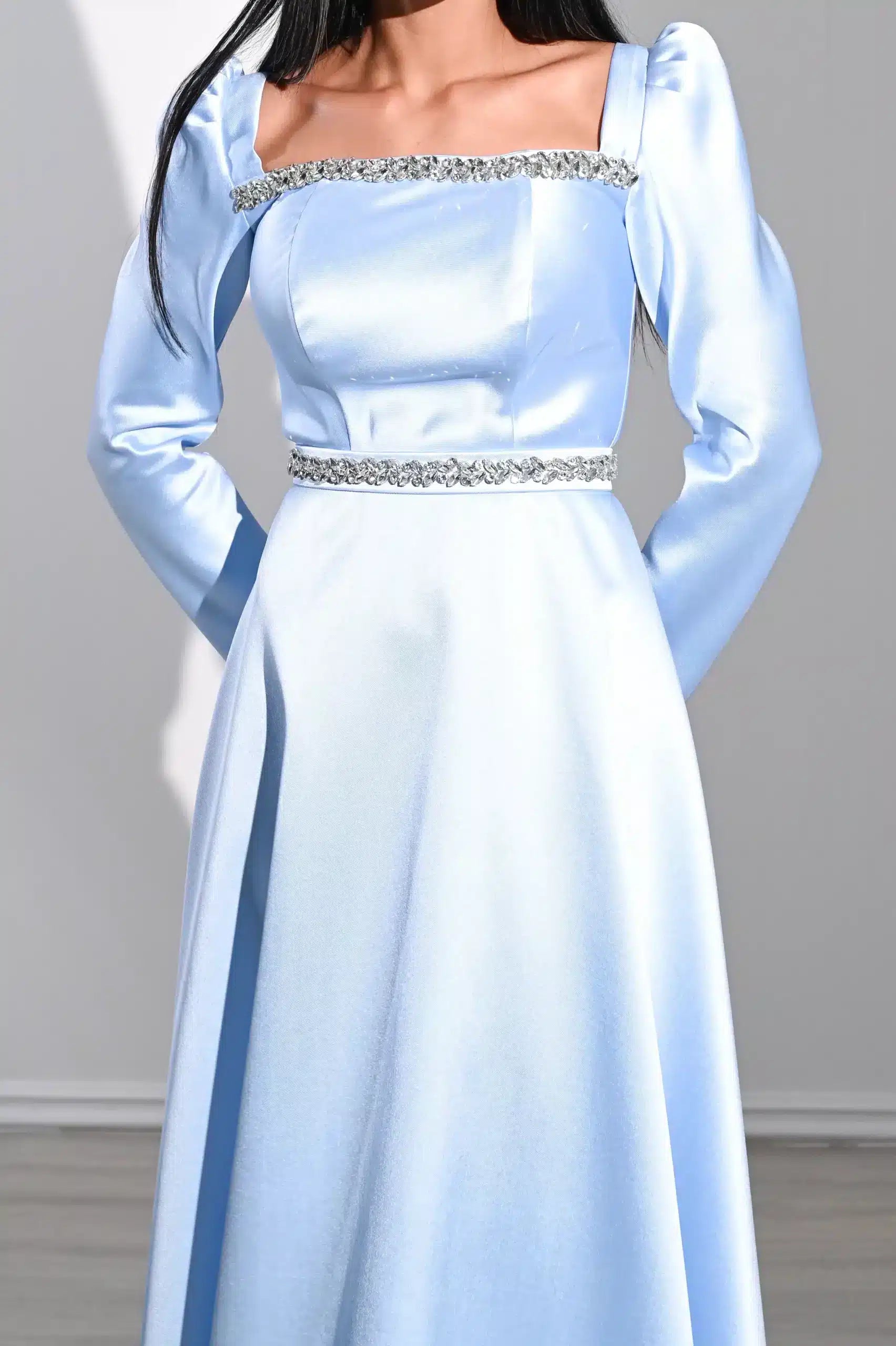 Square Neck Long Sleeves Taffeta Dress