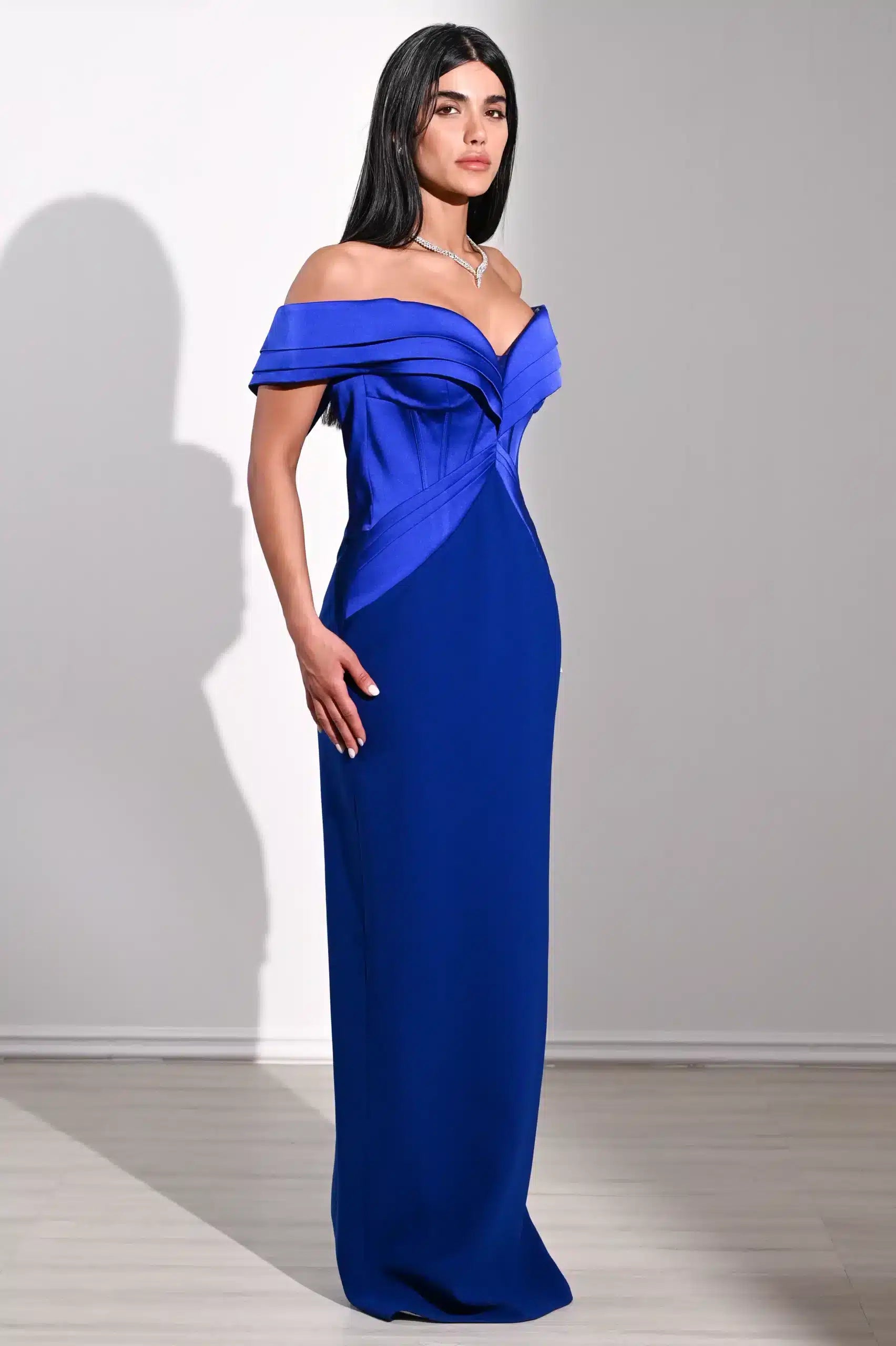 Draped Shoulder Corset Crepe Dress