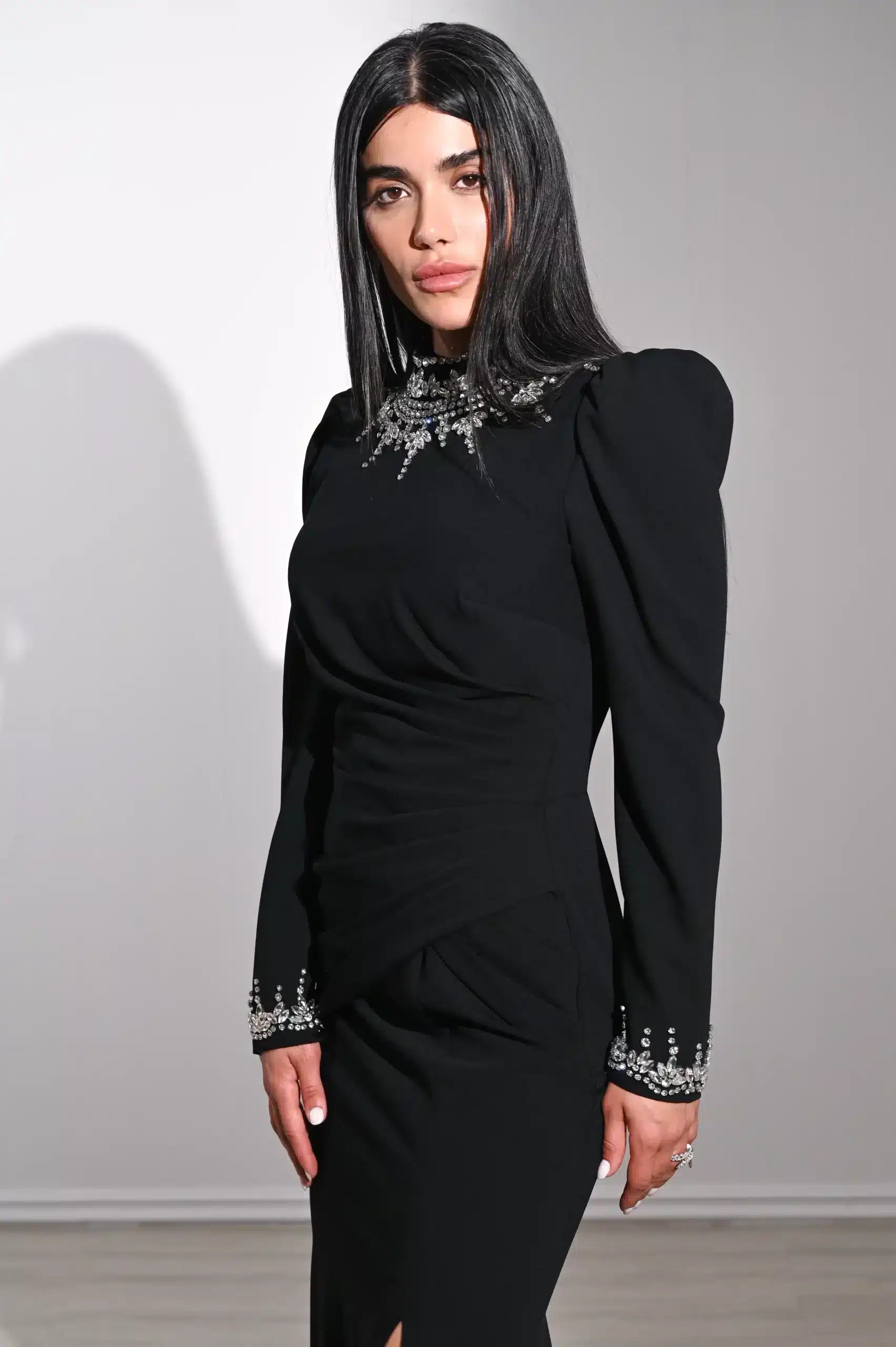 Draped Waist Crystal Neck Crepe Dress