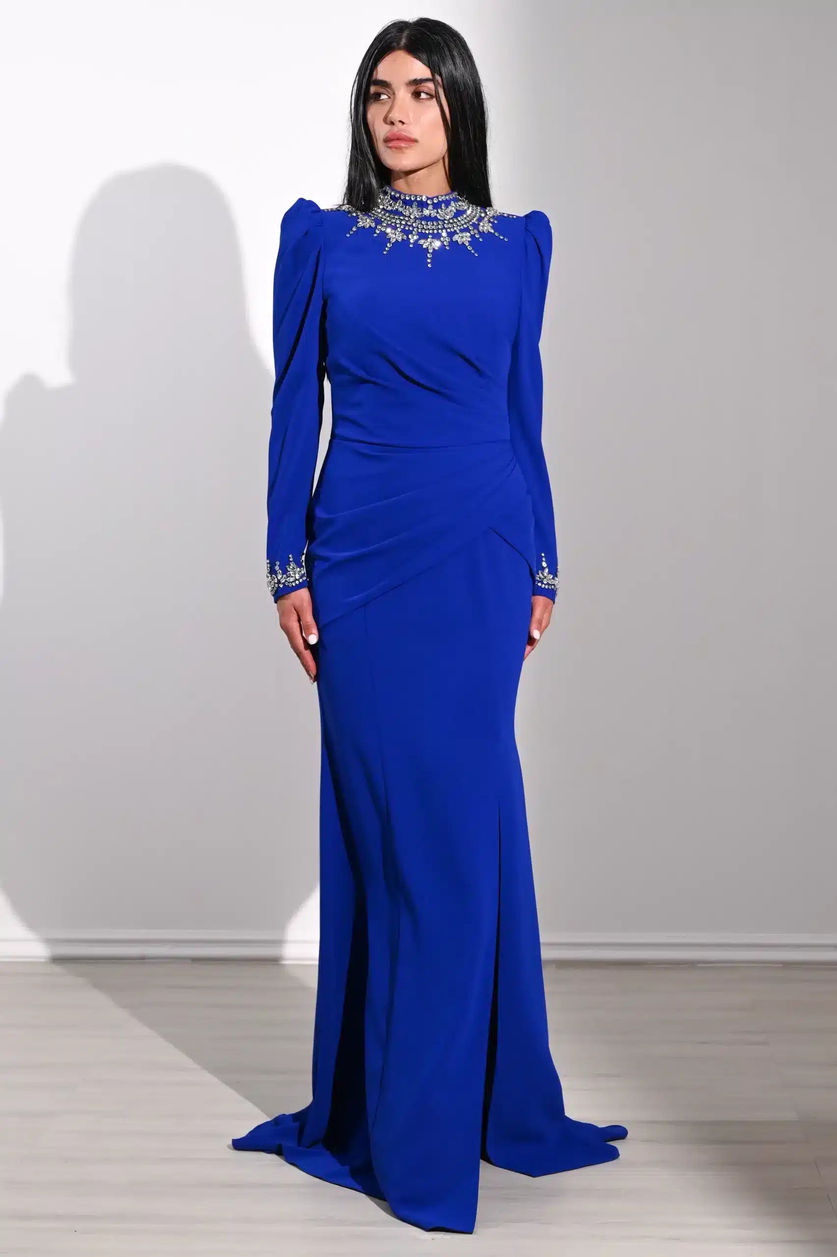 Draped Waist Crystal Neck Crepe Dress