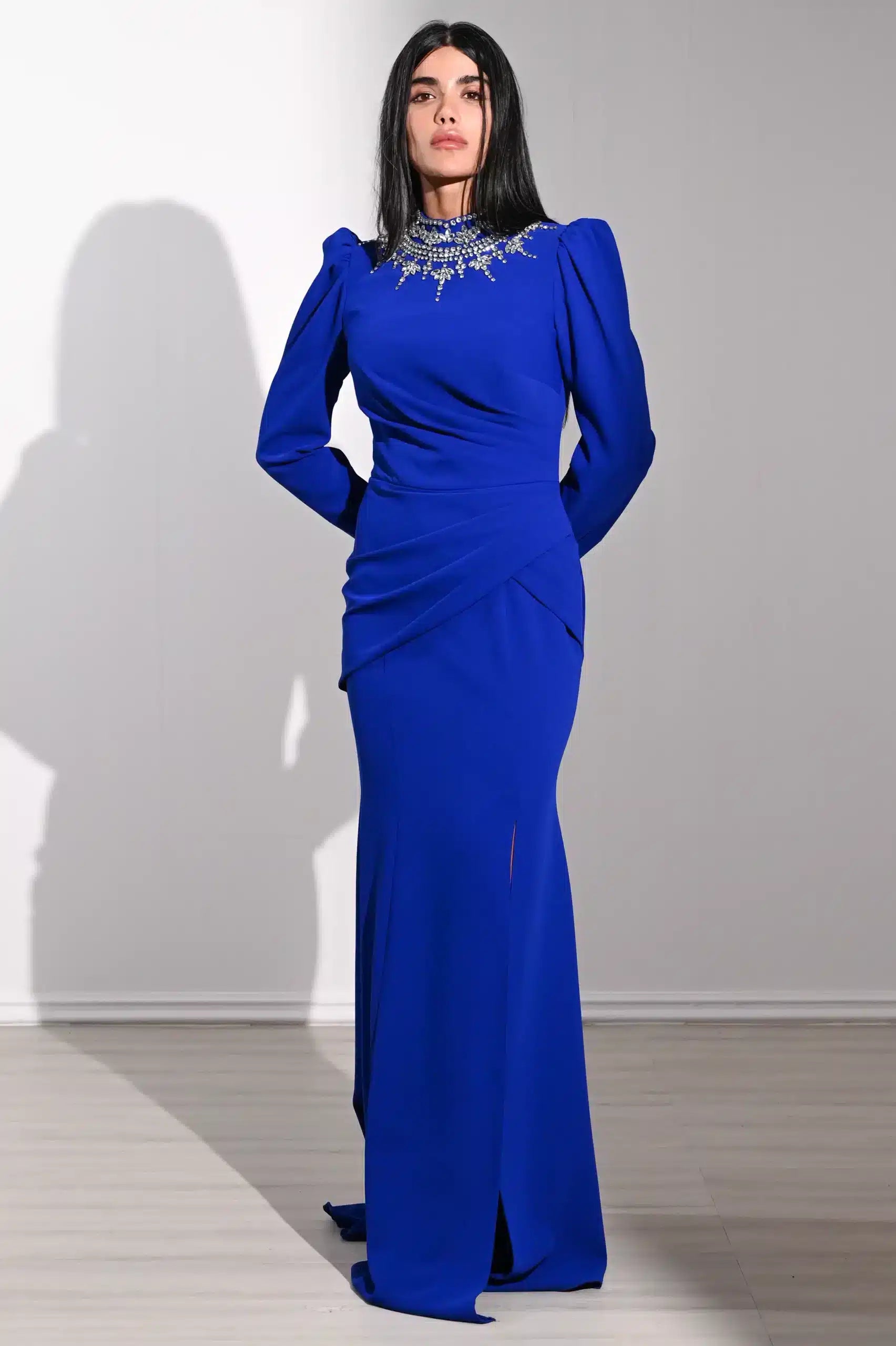 Draped Waist Crystal Neck Crepe Dress