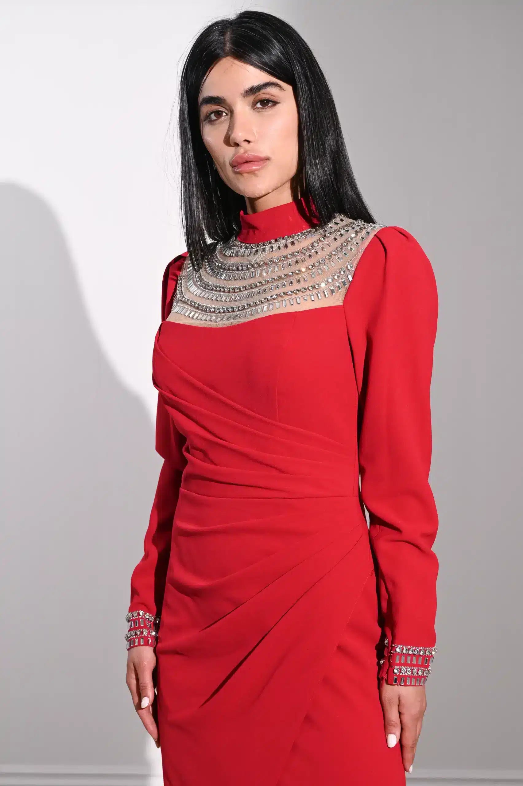 Crystal Bust Draped Side Crepe Dress