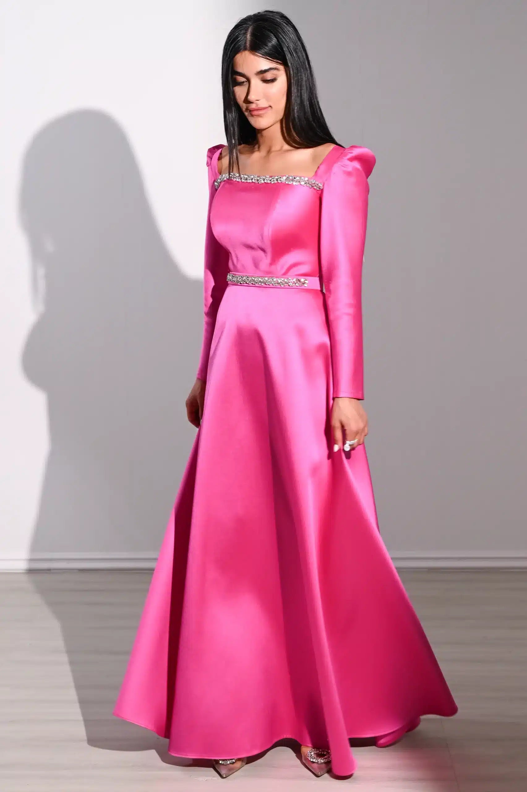 Square Neck Long Sleeves Taffeta Dress