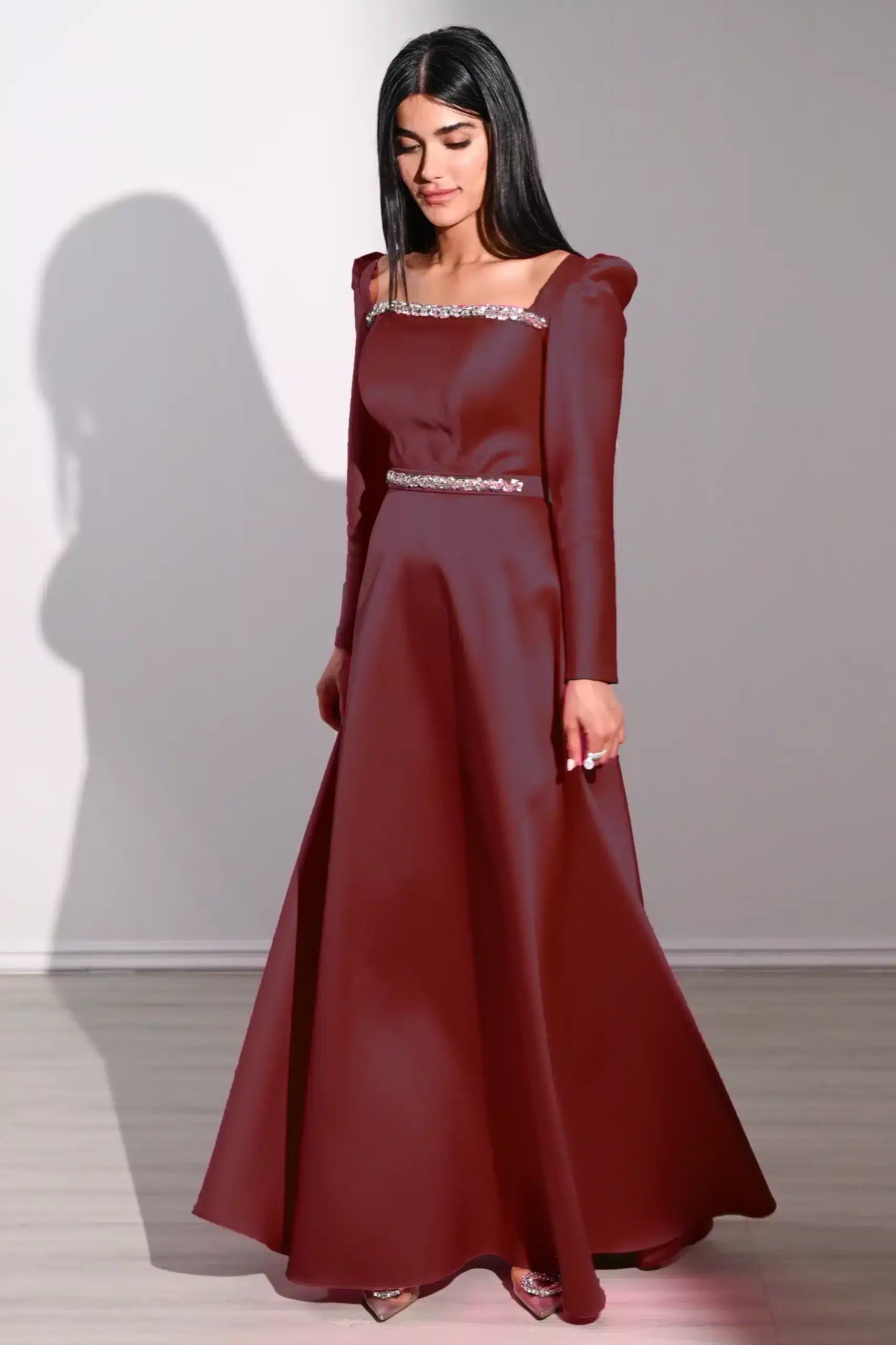 Square Neck Long Sleeves Taffeta Dress