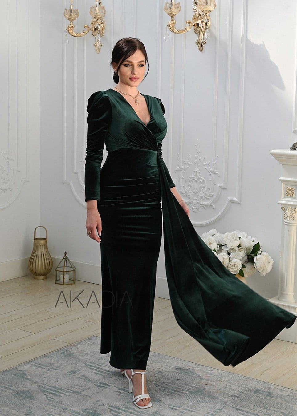 Ruched Details Side Slit Velvet Dress