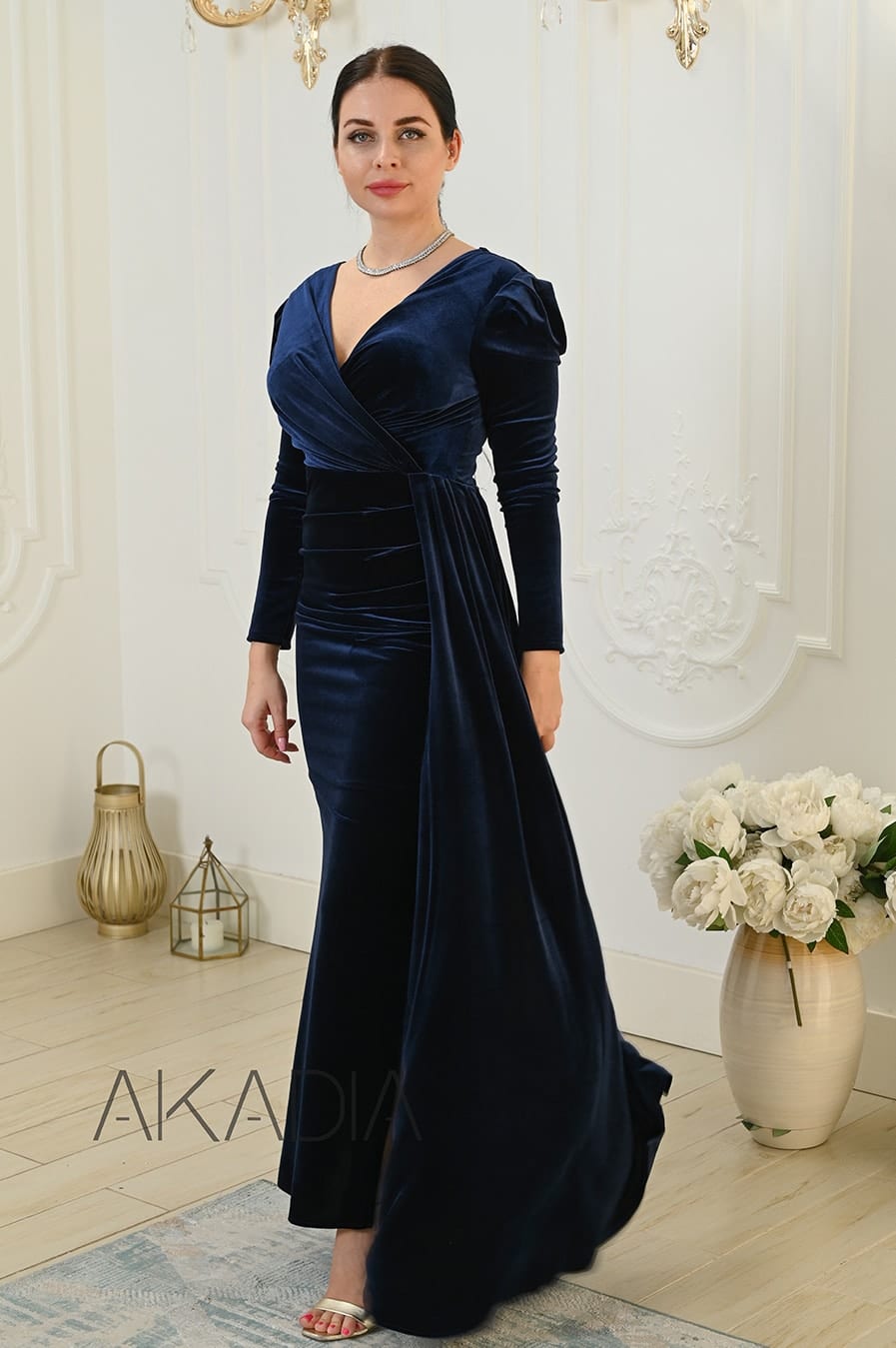 Ruched Details Side Slit Velvet Dress