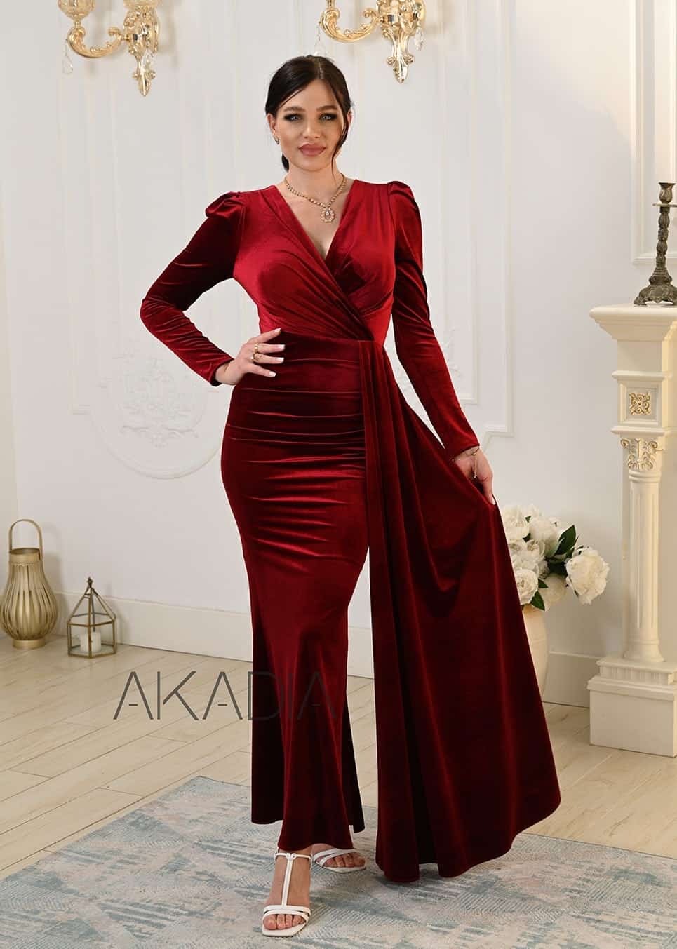 Ruched Details Side Slit Velvet Dress