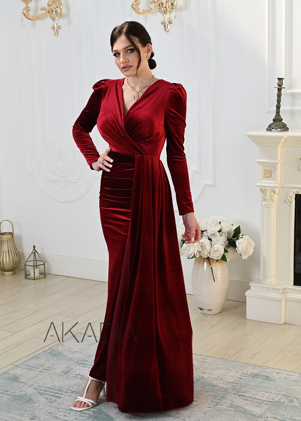 Ruched Details Side Slit Velvet Dress