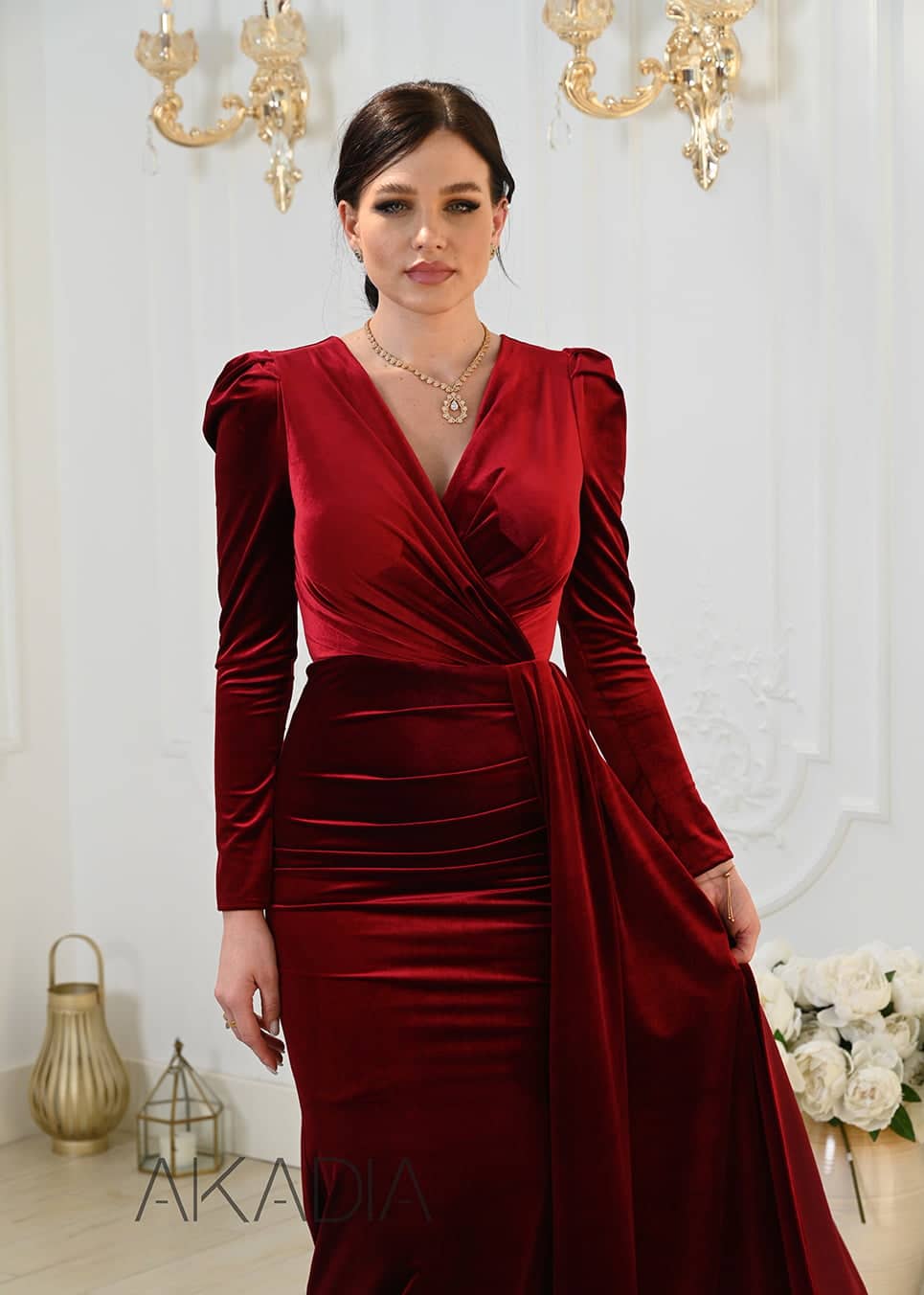Ruched Details Side Slit Velvet Dress