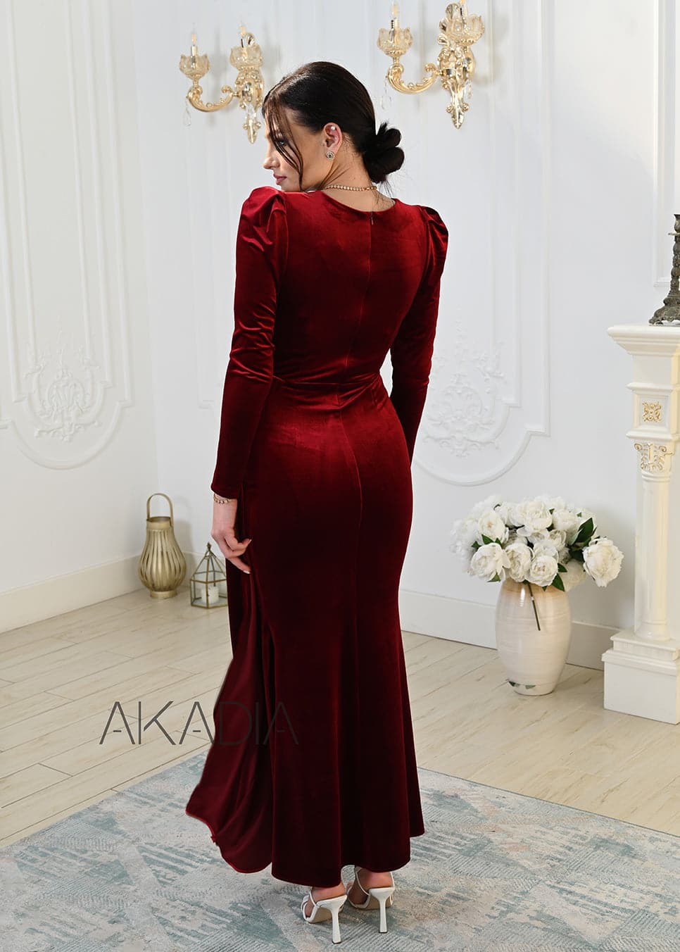Ruched Details Side Slit Velvet Dress