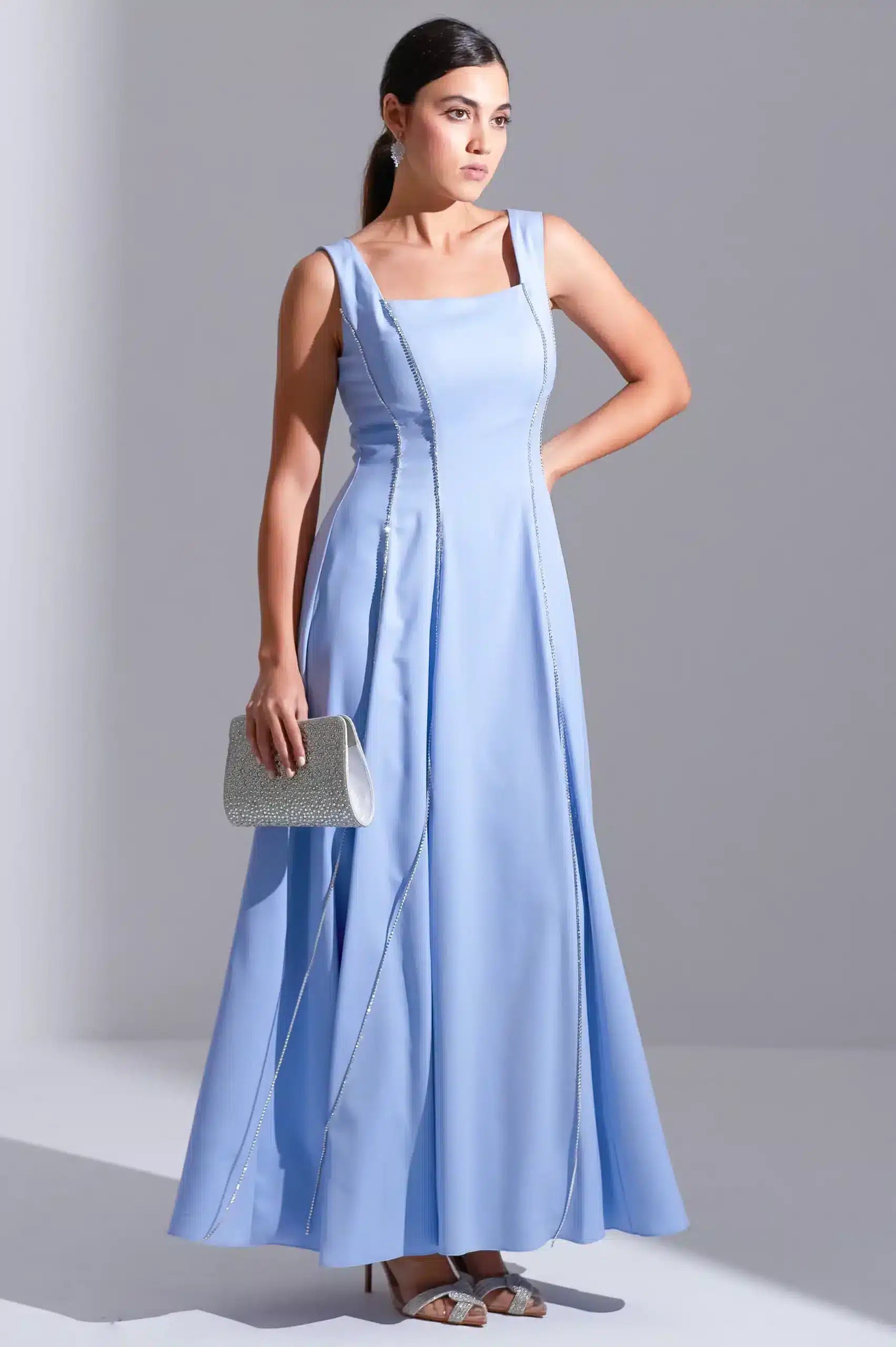 Square Neck Panel Details Crepe Dress