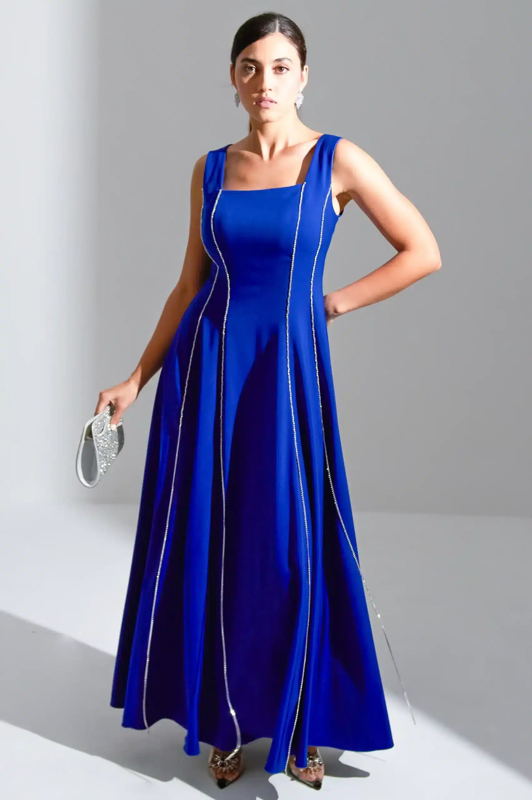 Square Neck Panel Details Crepe Dress