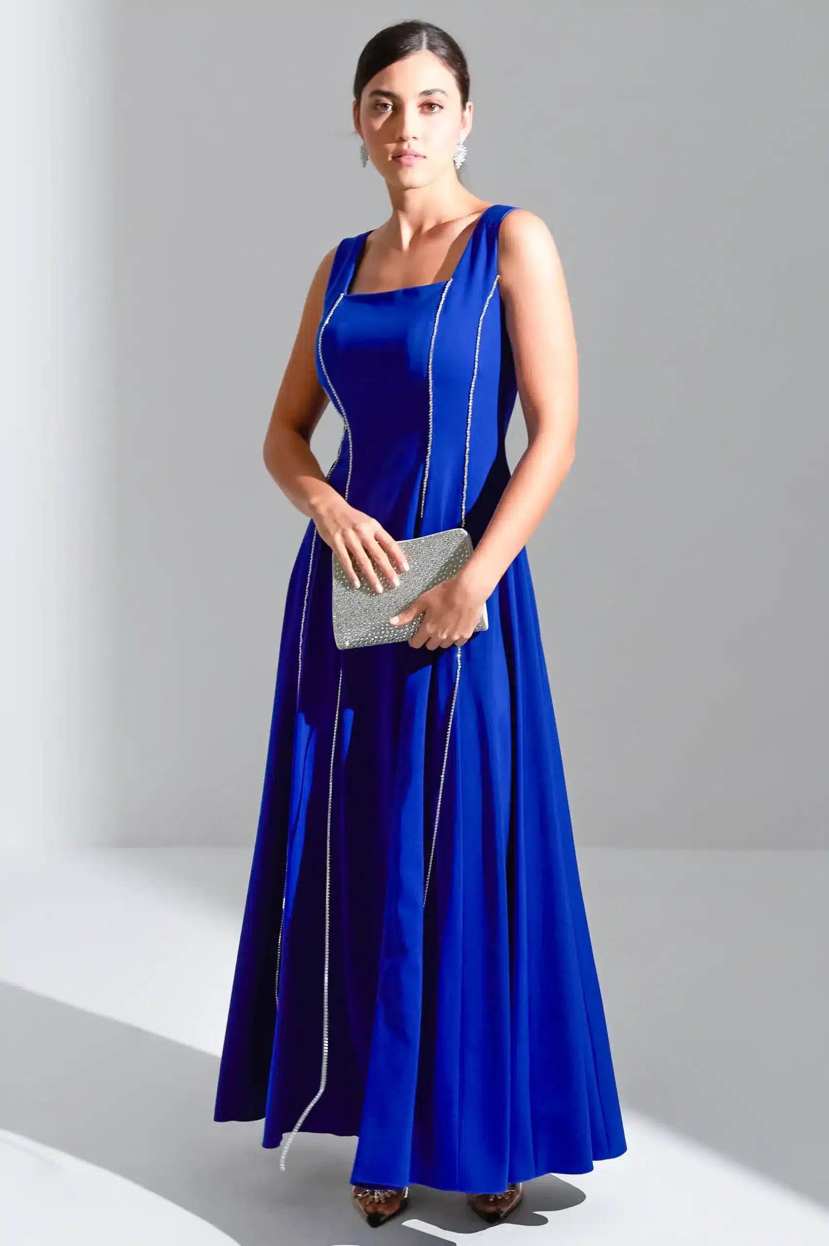 Square Neck Panel Details Crepe Dress