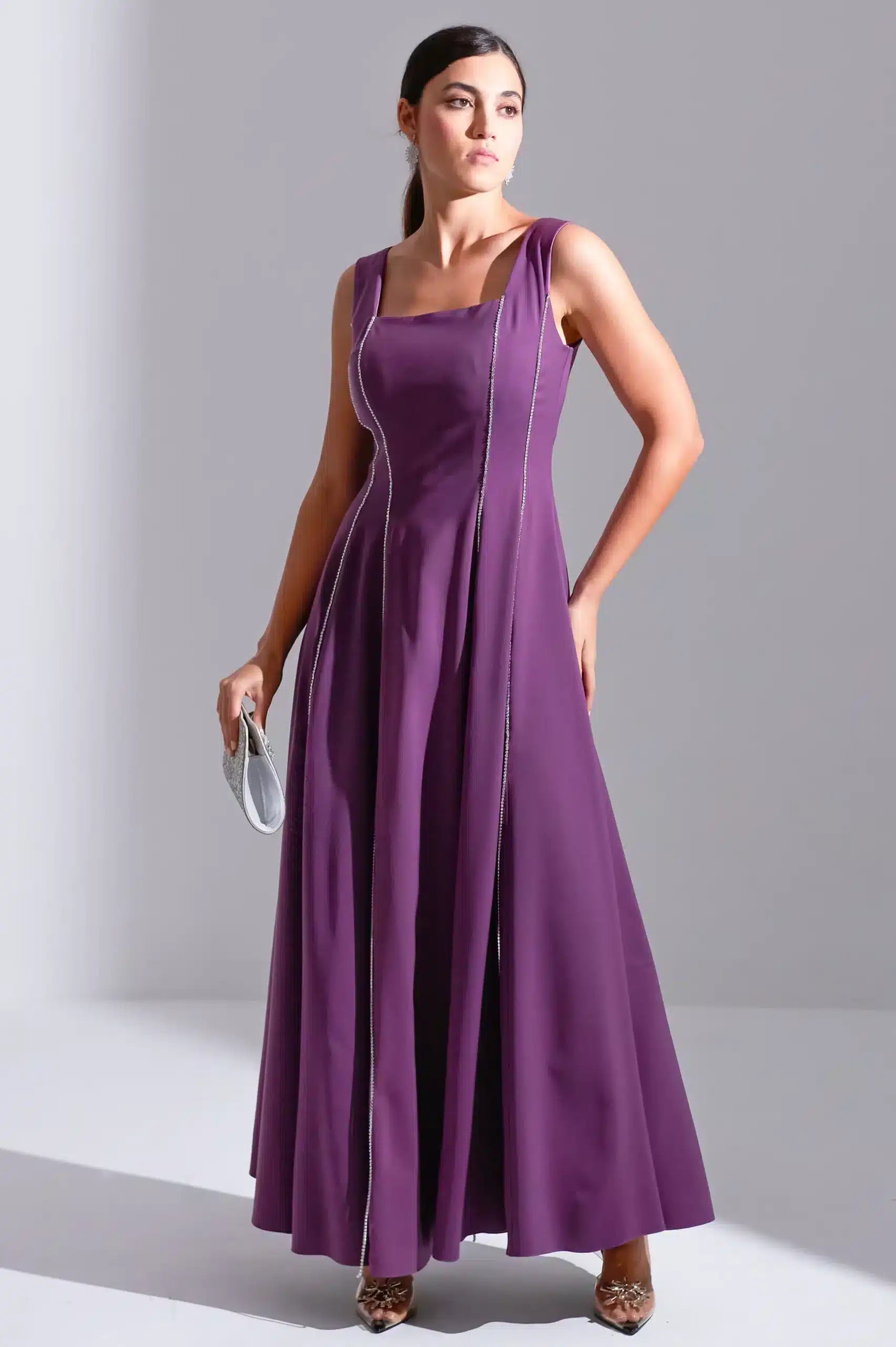 Square Neck Panel Details Crepe Dress