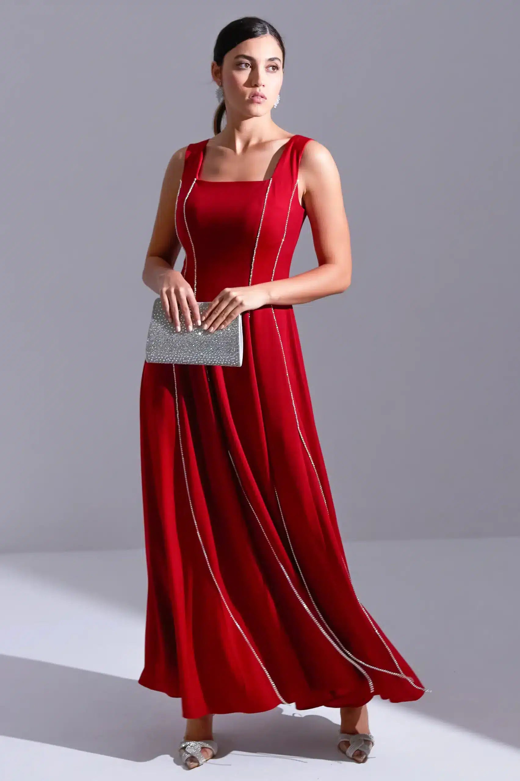 Square Neck Panel Details Crepe Dress