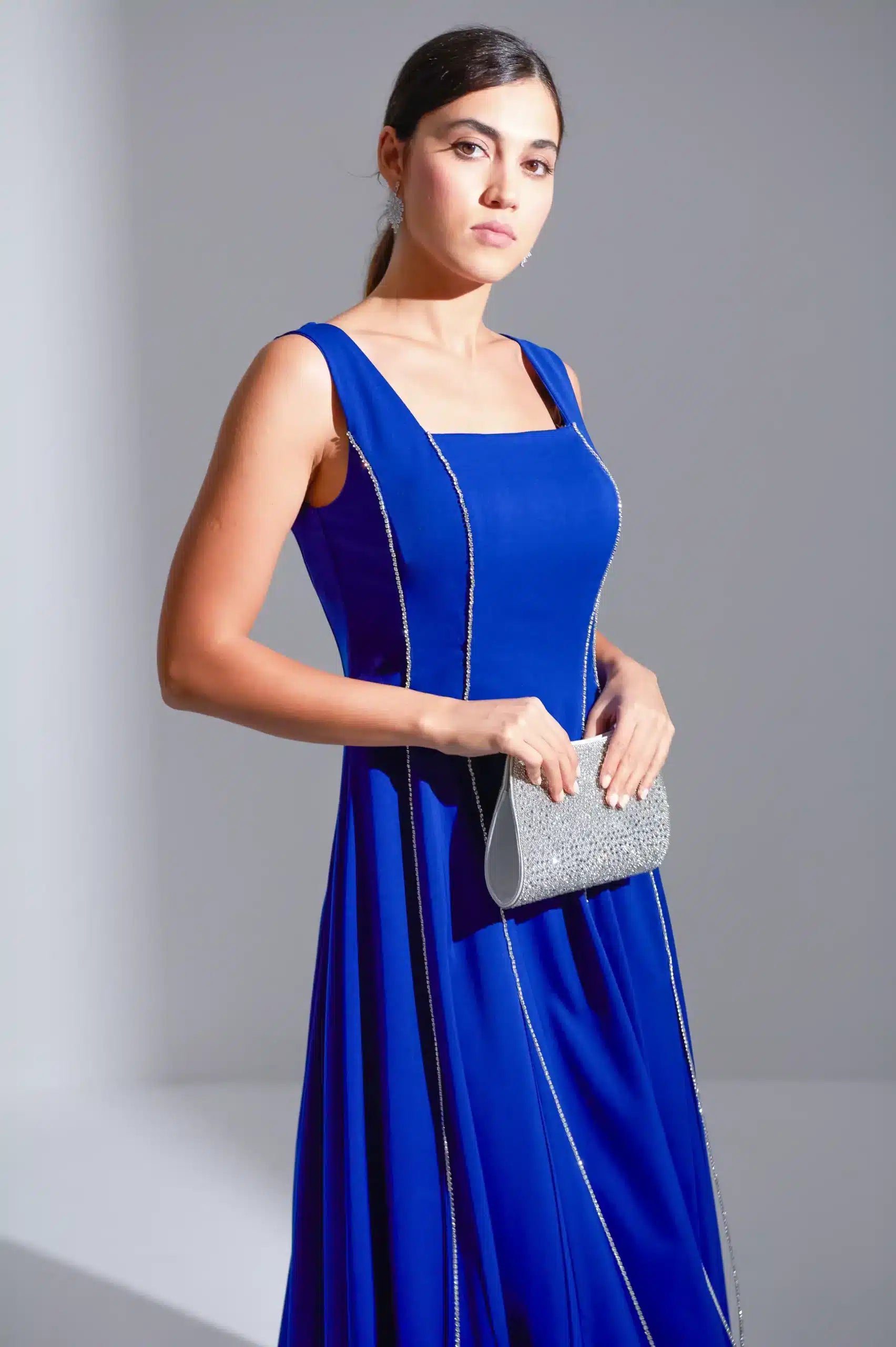 Square Neck Panel Details Crepe Dress