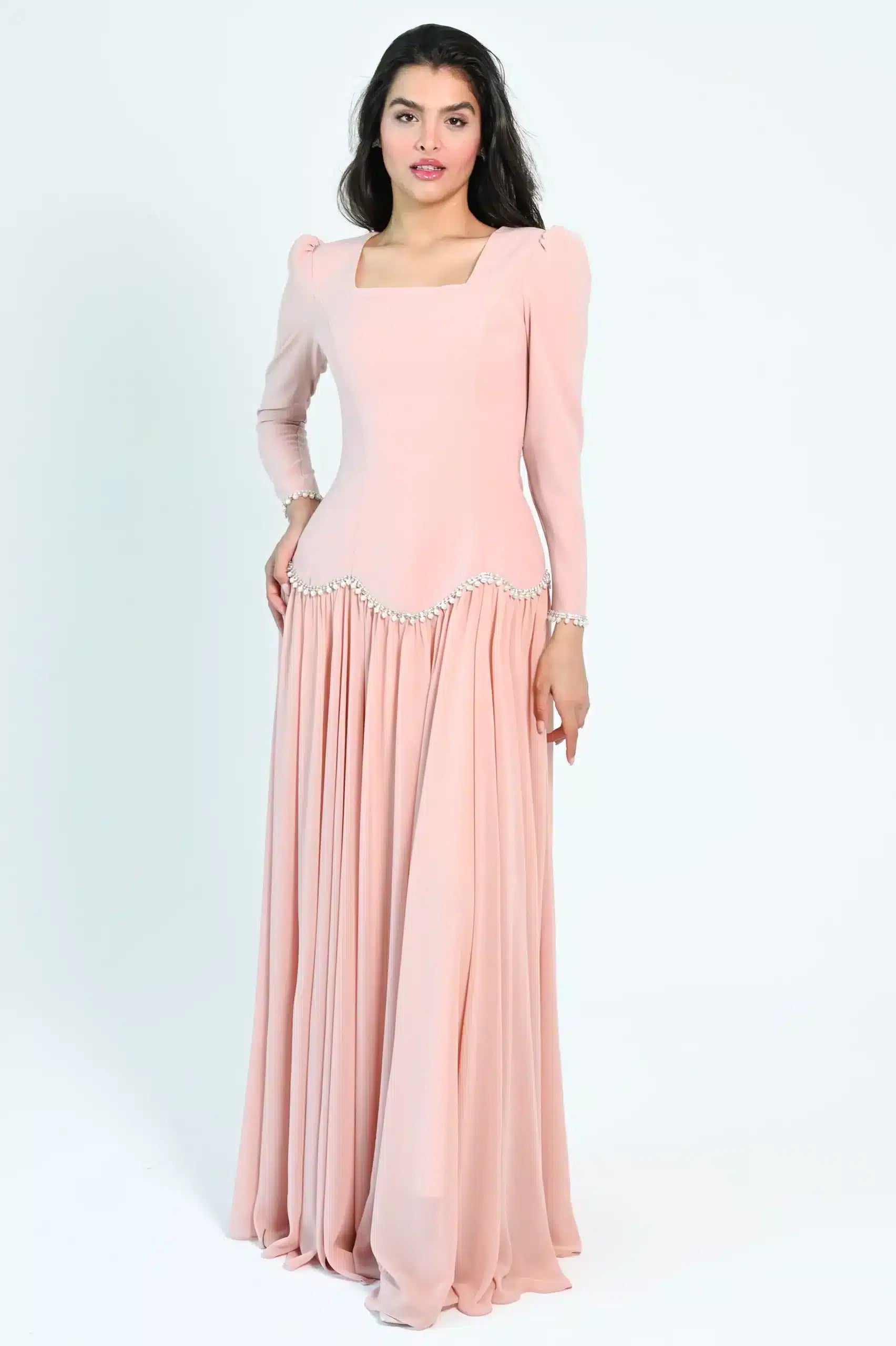 Square Neck Pearls Details Crepe Dress