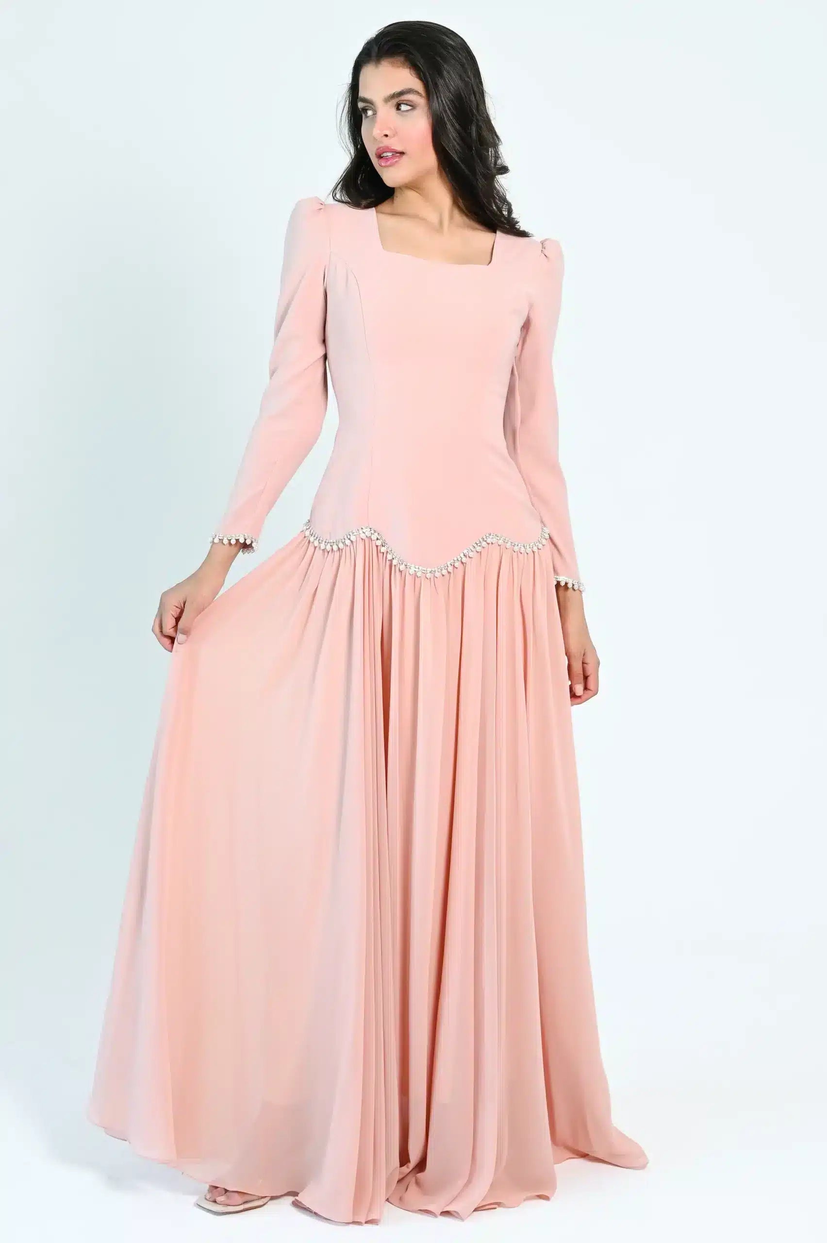 Square Neck Pearls Details Crepe Dress