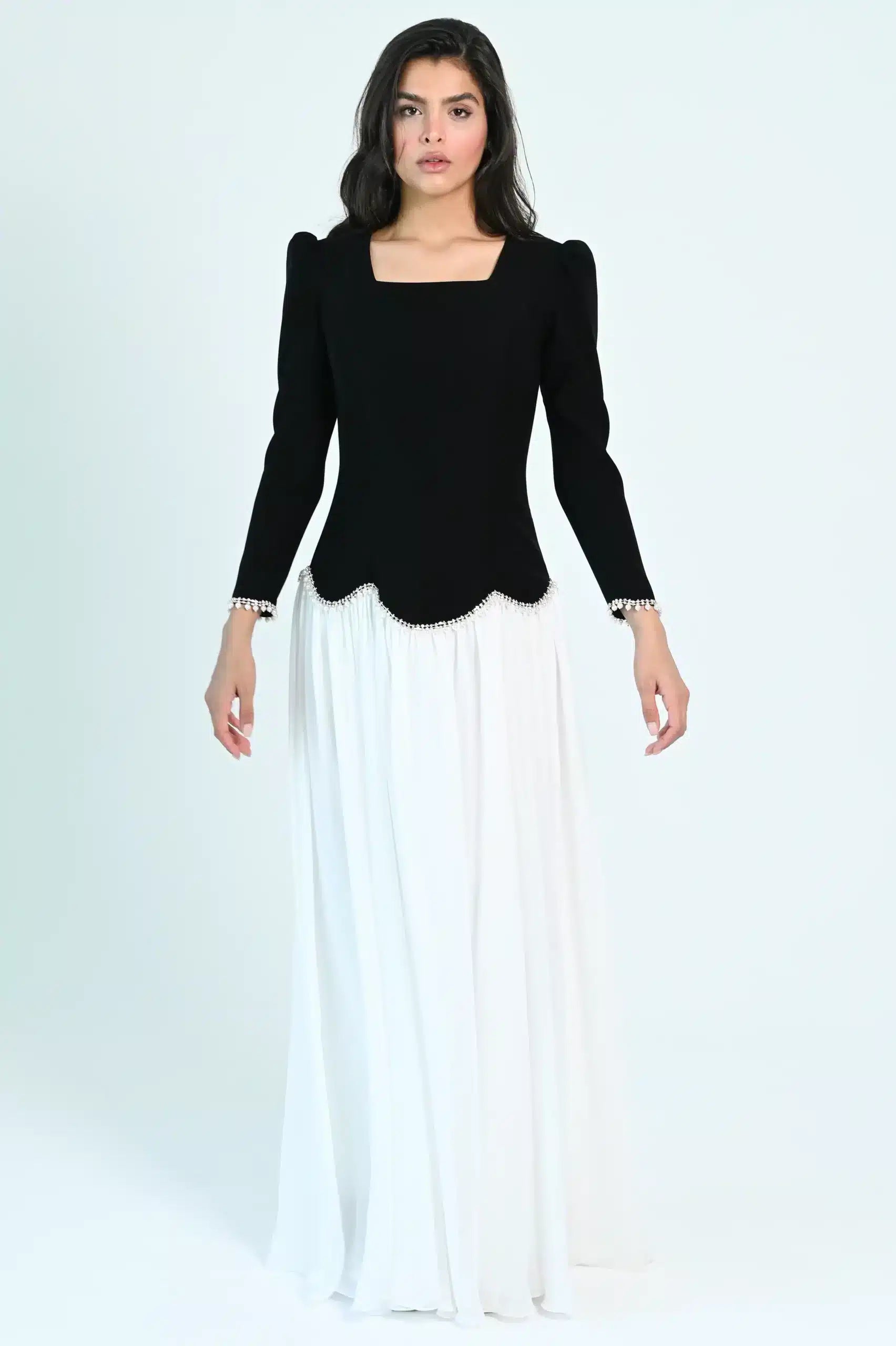 Square Neck Pearls Details Crepe Dress