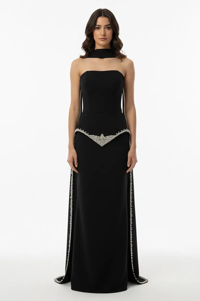 Strapless Embellished Crystal Tail Crepe Dress
