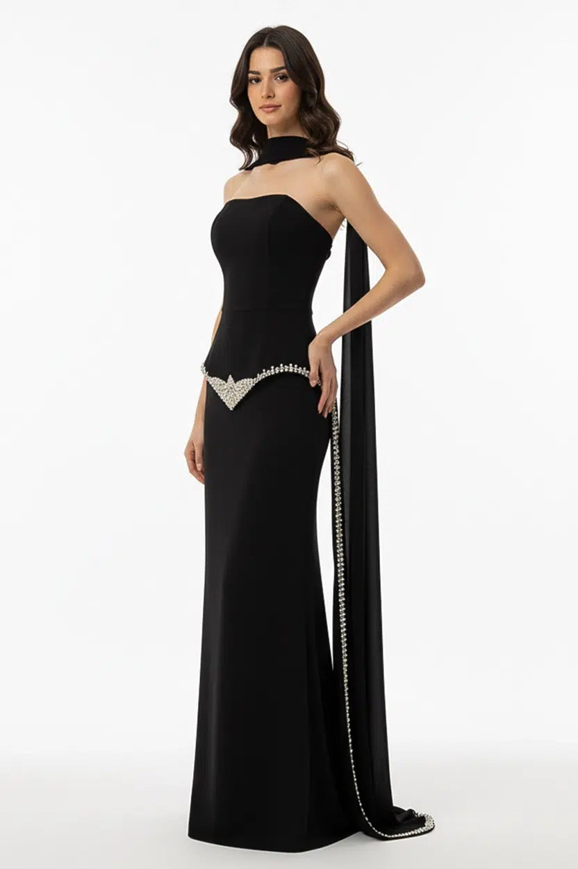 Strapless Embellished Crystal Tail Crepe Dress