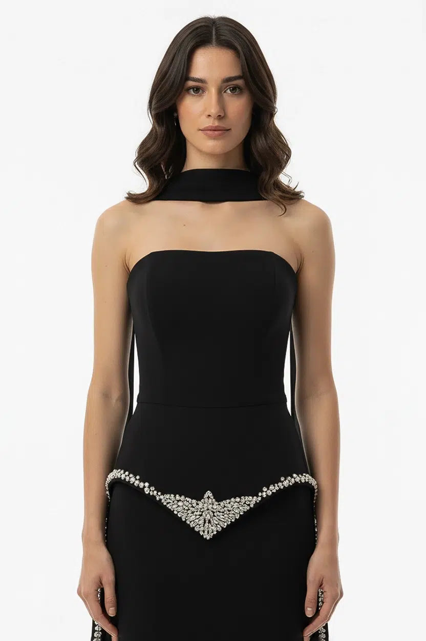 Strapless Embellished Crystal Tail Crepe Dress