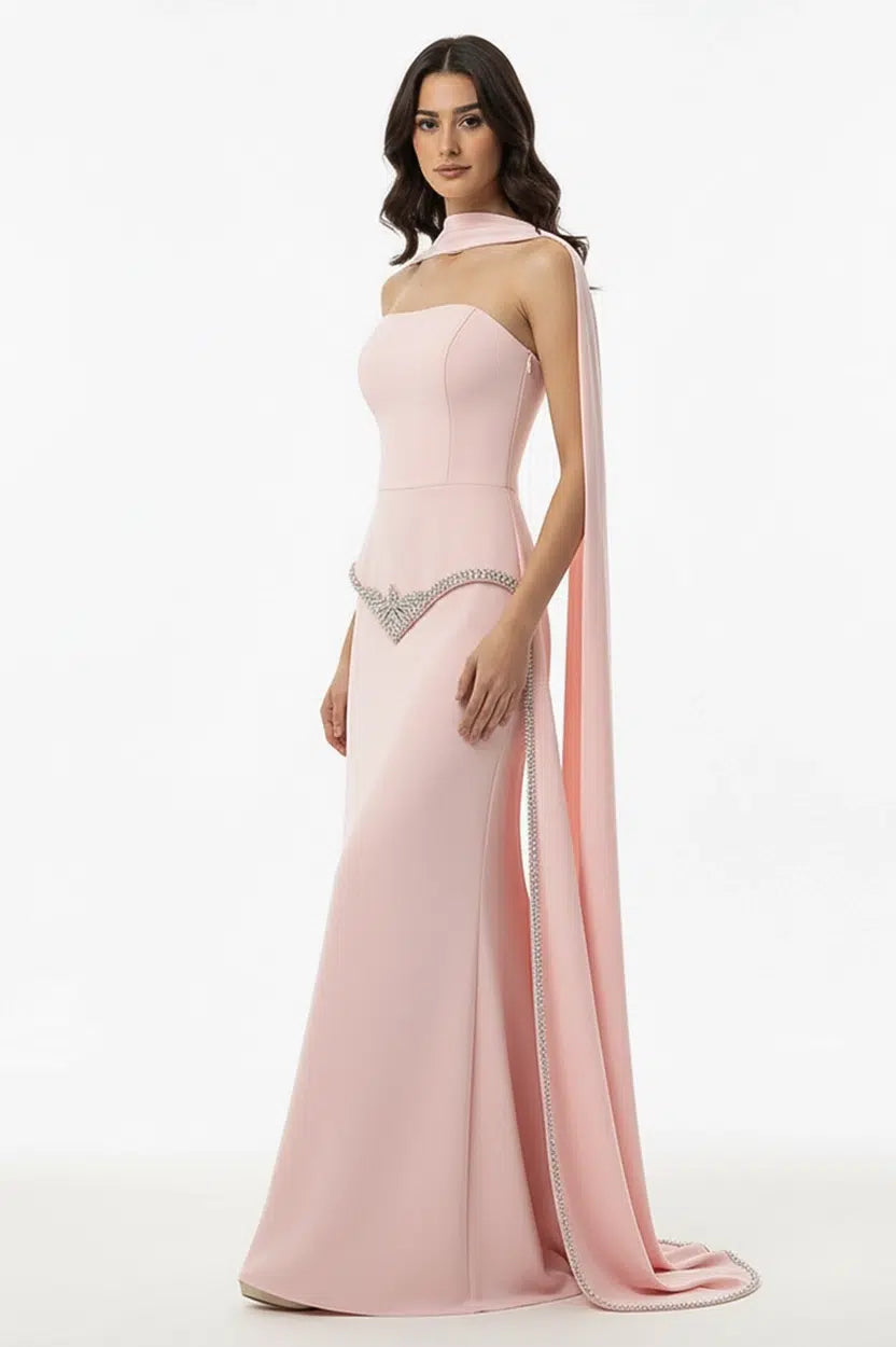 Strapless Embellished Crystal Tail Crepe Dress