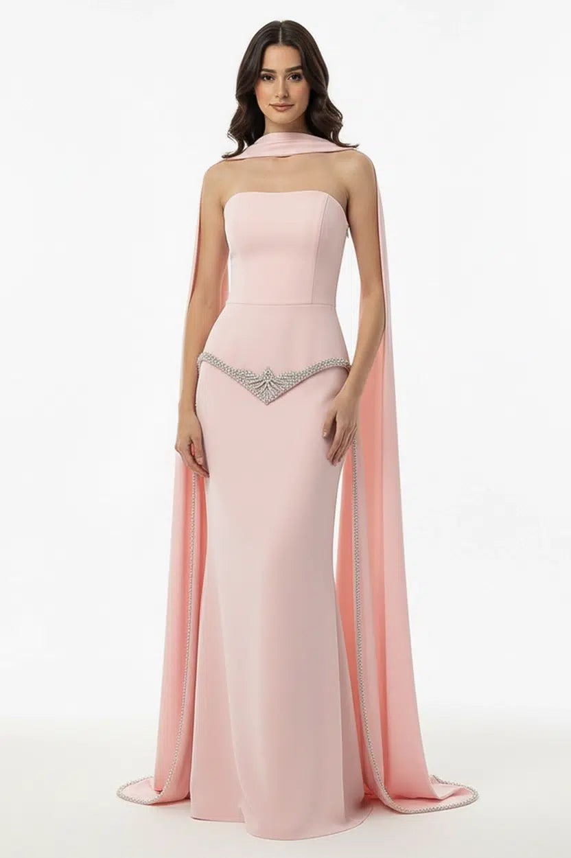 Strapless Embellished Crystal Tail Crepe Dress