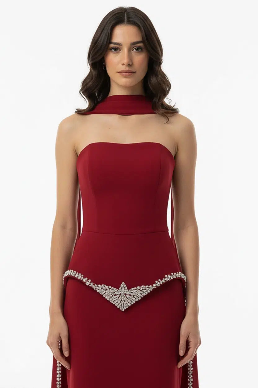 Strapless Embellished Crystal Tail Crepe Dress