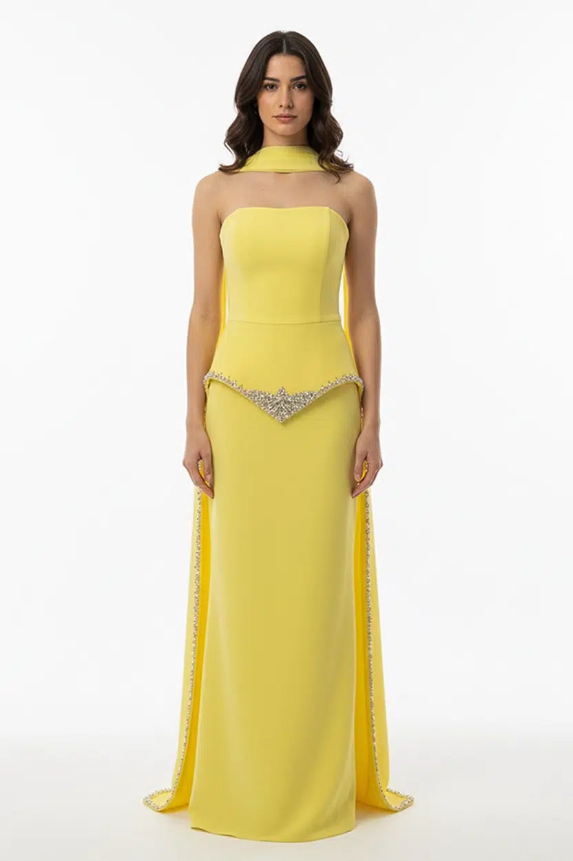 Strapless Embellished Crystal Tail Crepe Dress