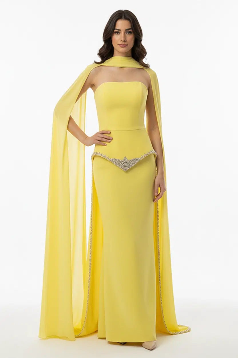Strapless Embellished Crystal Tail Crepe Dress