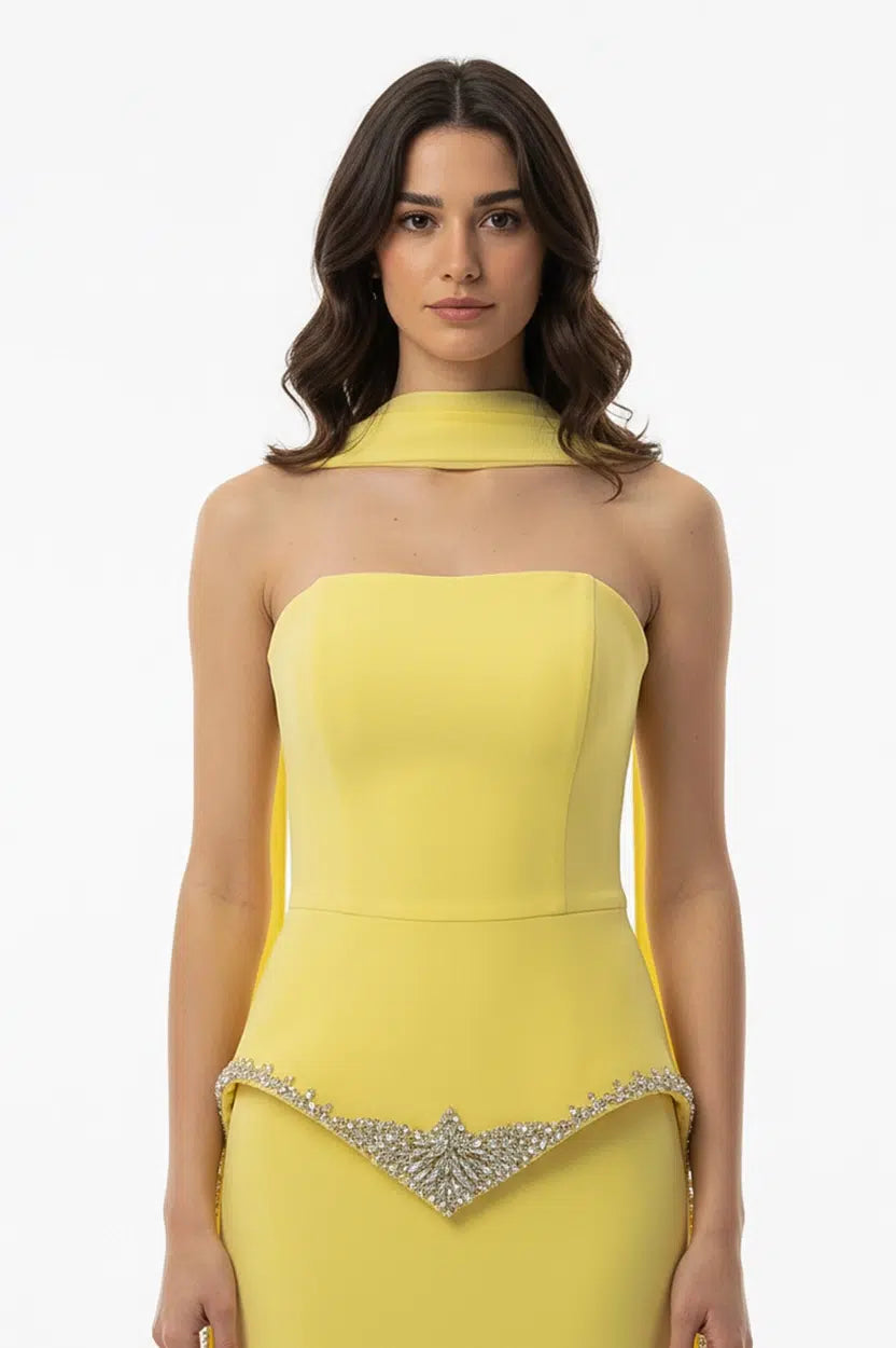 Strapless Embellished Crystal Tail Crepe Dress